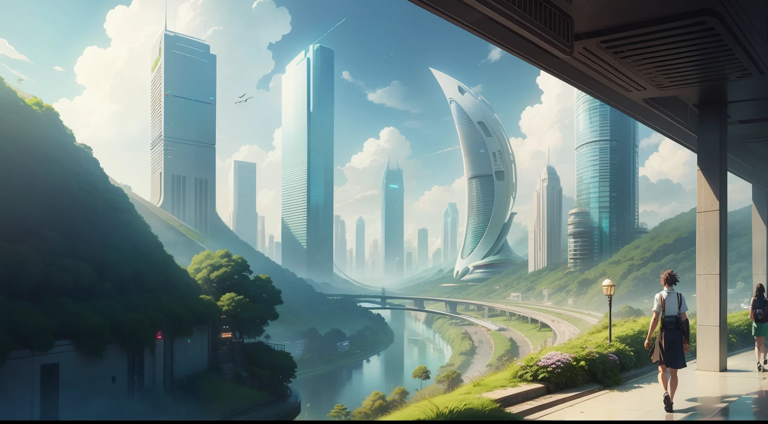 Futuristic city with skyscraper and river and people walking in lush vegetation, green hills in the background, sunny with clouds, anime style studio ghibli