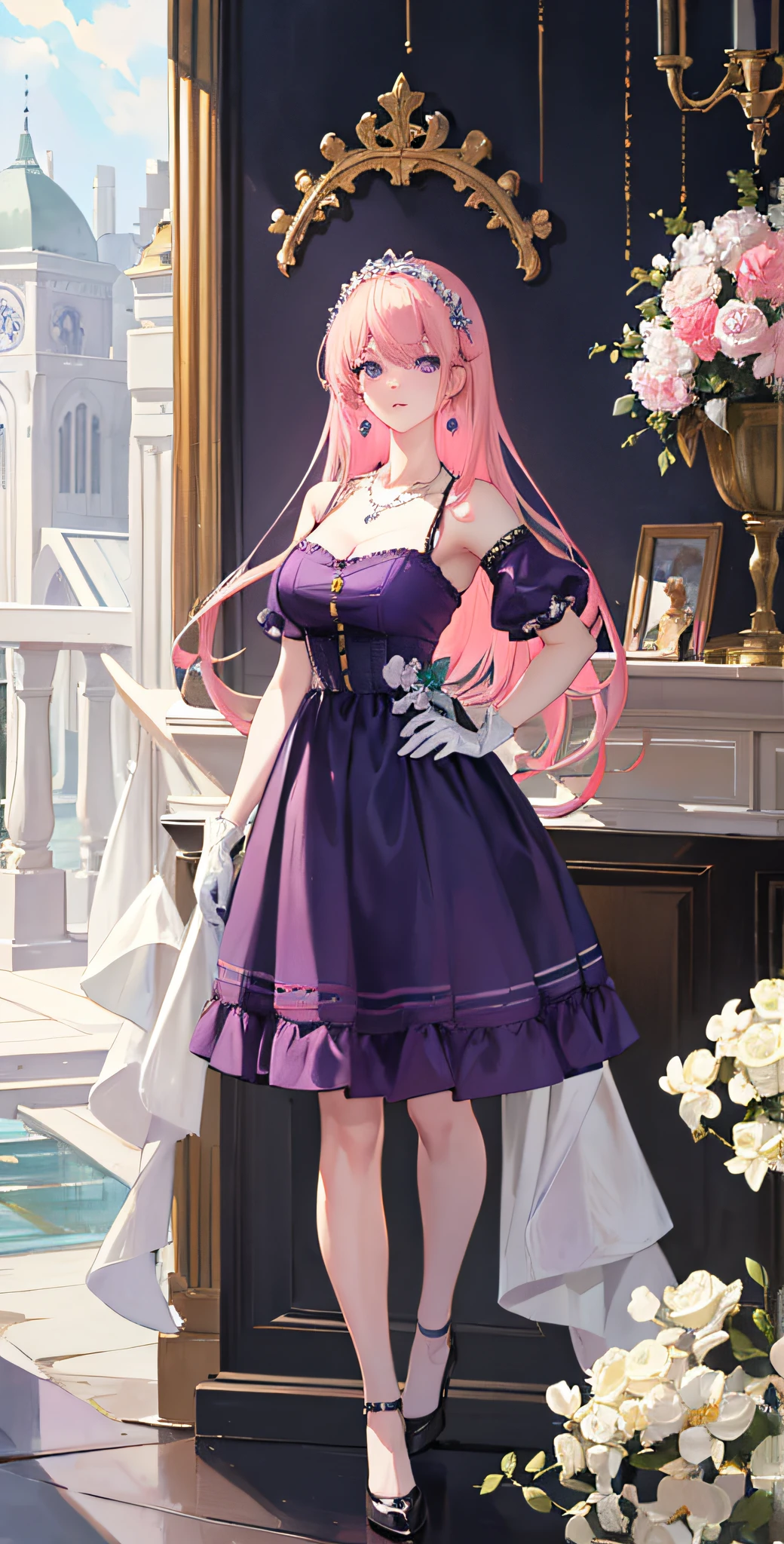 full body,(ulzzang-6500-v1.1:0.9)masterpiece,bestquality,ultra-detailed,BestLightingforMovieLighting,realistic,Abeautifulgirl,solo,handonhip,v,(Supergianthugebreasts),pinkhair,kda,neonlights,thighs,Bigchest,opaque,Delicateface,blonde_hair,white_gloves,tree,flower,looking_at_viewer,purple_eyes,dress,Jewelry,earrings,headwear,necklace,hairaccessories,handaccessoriespanorama,indoor,scenery,FlowerSeaBackgroundpureerosface_v1, masterpiece, best quality,