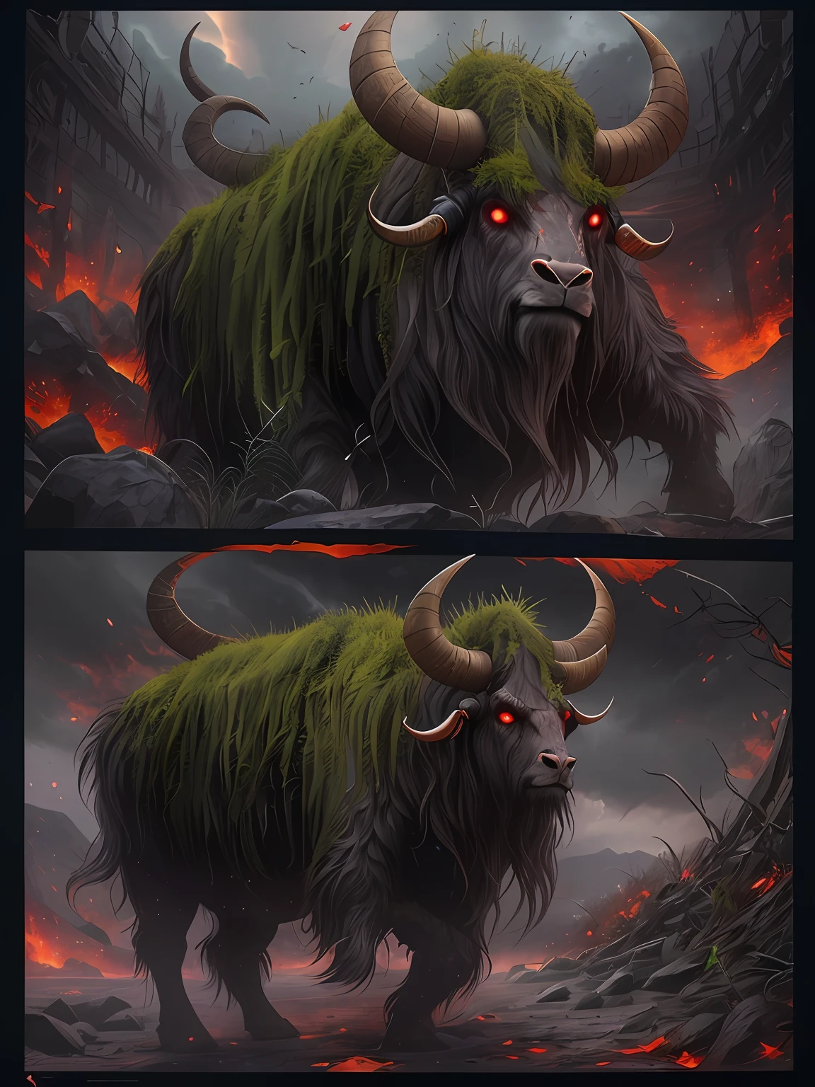 ((A huge yak)), greek myth, Monster, musculature, The sky and the earth are dark，salama，（Stomping on all fours）(The stone walls are covered with moss), Madness, ,Blood red eyes，
insanely details, Intricate details, ultra - detailed,
((Comic book style)), mistic, elegant, ((Domineering look)), dangers, (Fear and terror), Mordor, Creepy, Darkest horror background,
(Skin texture), intricately details, Fine details, ultra - detailed, Ray traching, Subsurface scattering, diffused soft lighting, Shallow depth of field, By (Oliver Wetter)
trending on artstationh, trending on CGSociety, Intricate, High detail, Sharp focus, Dramatic, photorealistic painting art by midjourney and greg rutkowski, Bokeh on the background，(Wide angle 1：3),
