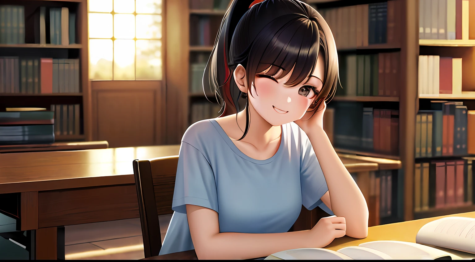 ((masterpiece)), top-quality, hight resolution, 1 Women, Loose T-shirt、Girl sitting on a chair in the library and studying、Charming atmosphere、18year old、Scenery of the entire area、Spoiled face、A smile、sleepy feeling、High Ponytail、Opens mouth and laughs、short-hair