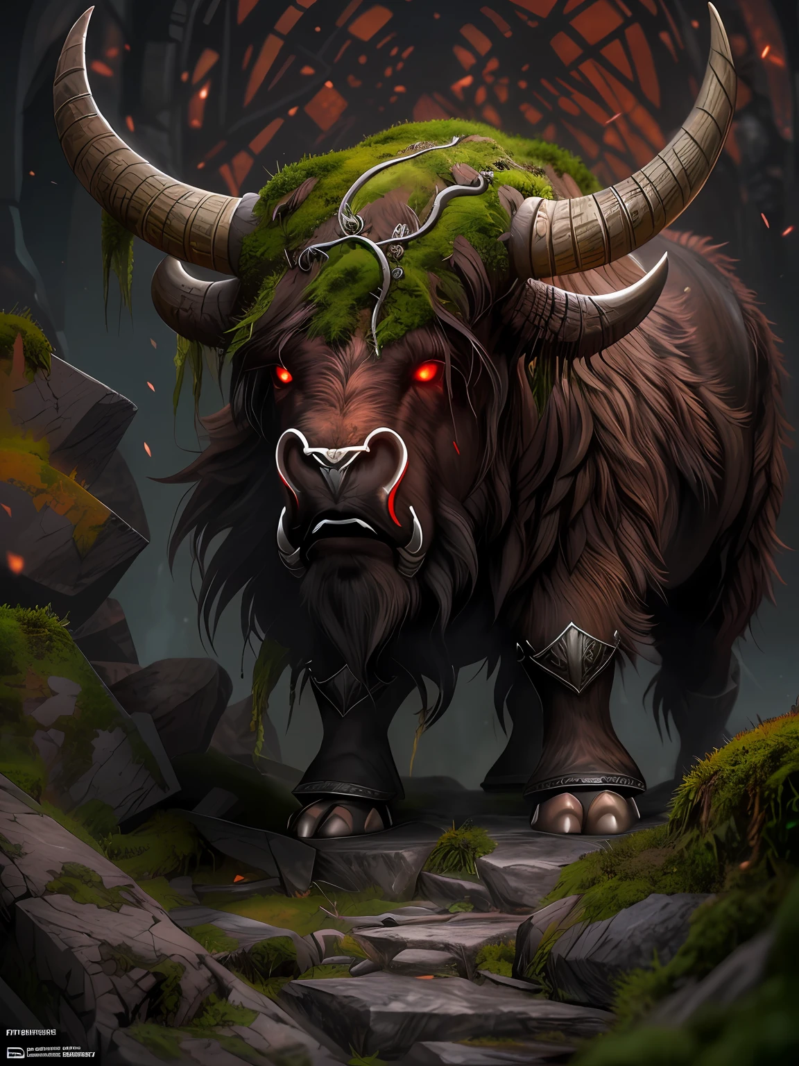 ((A huge yak)), greek myth, Monster, musculature, The sky and the earth are dark,salama,(Stomping on all fours)(The stone walls are covered with moss), Madness, ,Blood red eyes,
insanely details, Intricate details, ultra - detailed,
((Comic book style)), mistic, elegant, ((Domineering look)), dangers, (Fear and terror), Mordor, Creepy, Darkest horror background,
(Skin texture), intricately details, Fine details, ultra - detailed, Ray traching, Subsurface scattering, diffused soft lighting, Shallow depth of field, By (Oliver Wetter)
trending on artstationh, trending on CGSociety, Intricate, High detail, Sharp focus, Dramatic, photorealistic painting art by midjourney and greg rutkowski, Bokeh on the background,(Wide angle 1:3),
