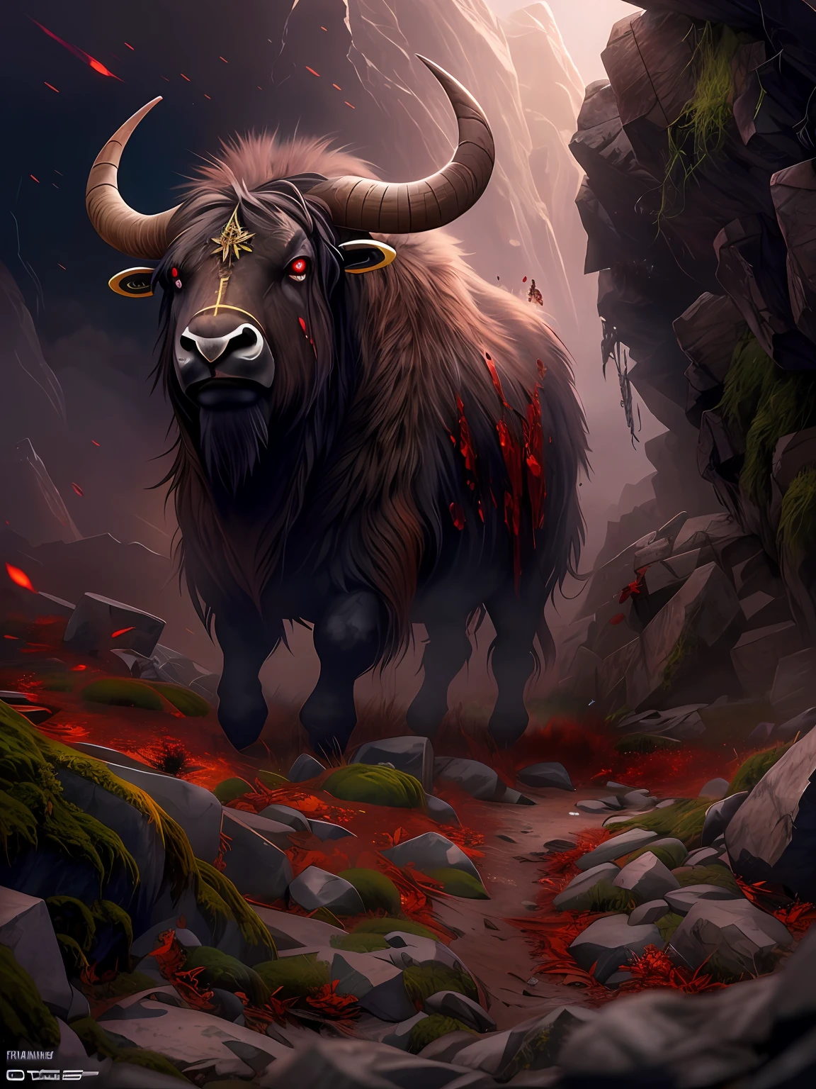 ((A huge yak)), greek myth, Monster, musculature, The sky and the earth are dark，salama，（Stomping on all fours）(The stone walls are covered with moss), Madness, ,Blood red eyes，
insanely details, Intricate details, ultra - detailed,
((Comic book style)), mistic, elegant, ((Domineering look)), dangers, (Fear and terror), Mordor, Creepy, Darkest horror background,
(Skin texture), intricately details, Fine details, ultra - detailed, Ray traching, Subsurface scattering, diffused soft lighting, Shallow depth of field, By (Oliver Wetter)
trending on artstationh, trending on CGSociety, Intricate, High detail, Sharp focus, Dramatic, photorealistic painting art by midjourney and greg rutkowski, Bokeh on the background，(Wide angle 1：3),
