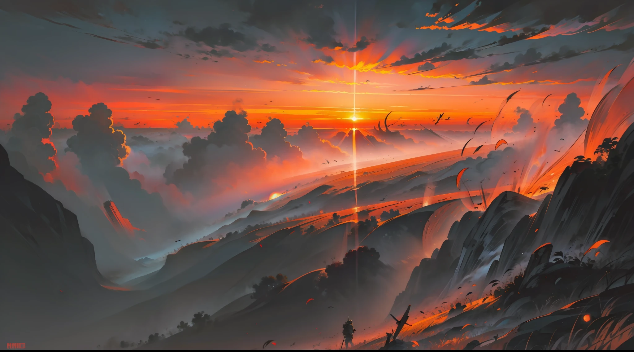 karo,Vast fields,binh,the sunset,fighter jets,cinematric light,There is a lot of war