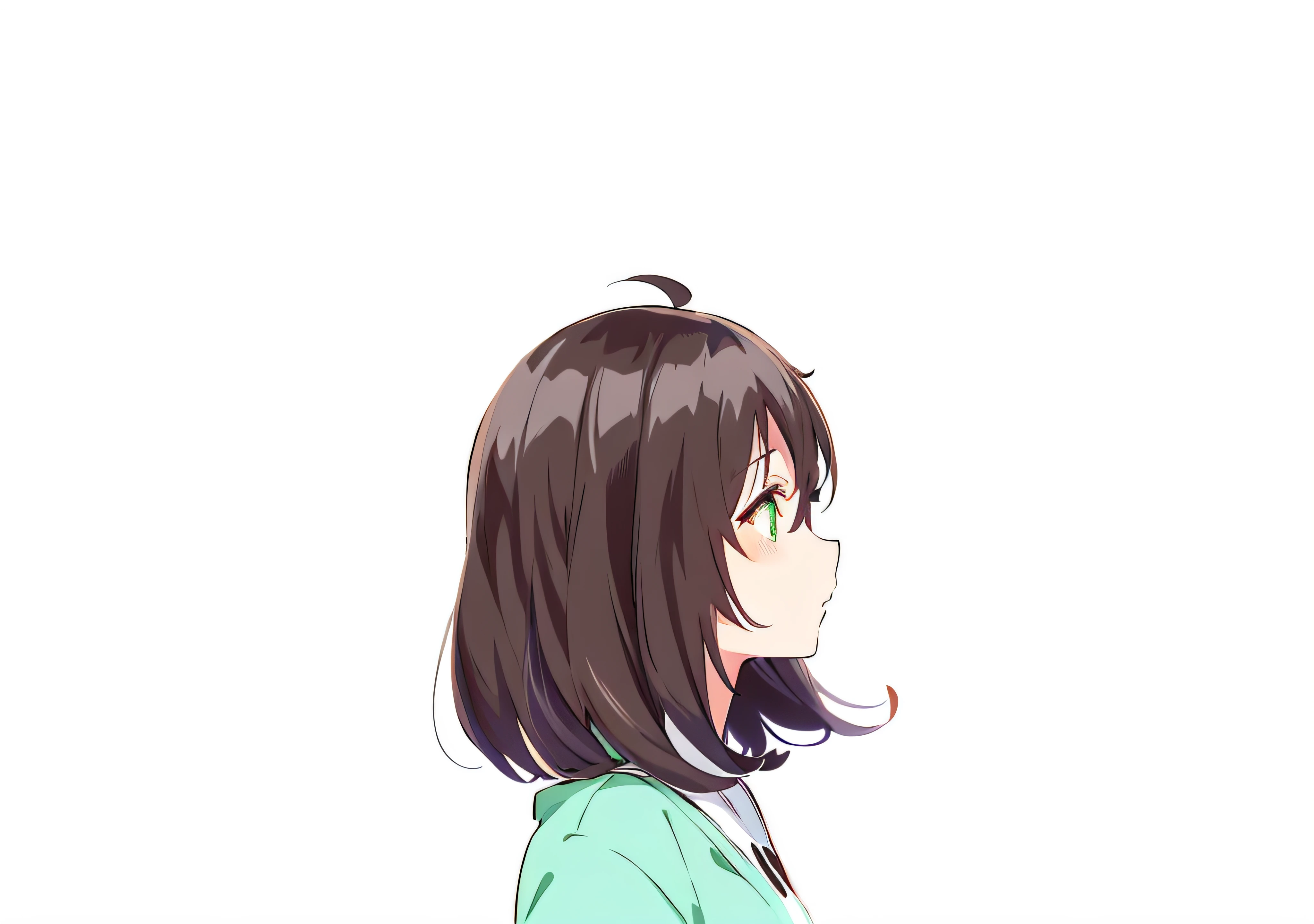 Anime girl with long hair and green shirt looks away, anime girl profile, chihiro! fujisaki, flat anime style shading, fubuki, anime moe art style, anime girl portrait profile, subtle anime style, 8K!!, clean and meticulous anime style, distant!!, in style of kyoto animation, anime woman headshot profile, Flat anime style
