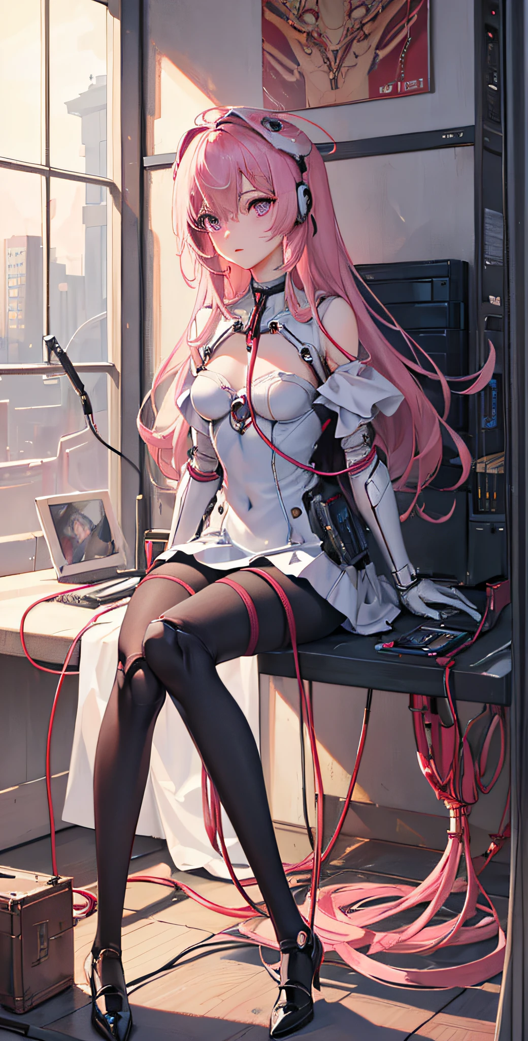 (((masterpiece))),(((best quality))),((ultra-detailed)),(highly detailed CG illustration),((an extremely delicate and beautiful)),(cute delicate face),cinematic light,((1mechanical girl)),solo,full body,(machine made joints:1.4),((machanical limbs)),(explosed muscles),(blood vessels connected to tubes),(a brain in container:1.3),((mechanical vertebra attaching to back)),((mechanical cervial attaching to neck)),((sitting)),expressionless,(wires and cables attaching to head and body:1.5),small breasts,(character focus),science fiction,dramatic lighting,Pink Mecha,Honey Mecha,masterpiece,best quality,A girl,,Charming eyes,High quality,Black pink purple eyes,full armor,Mechanical feet,mecha,cbpkv5,Long hair, pink eyes,hll,pantyhose,1girl,moyou,Best quality,
