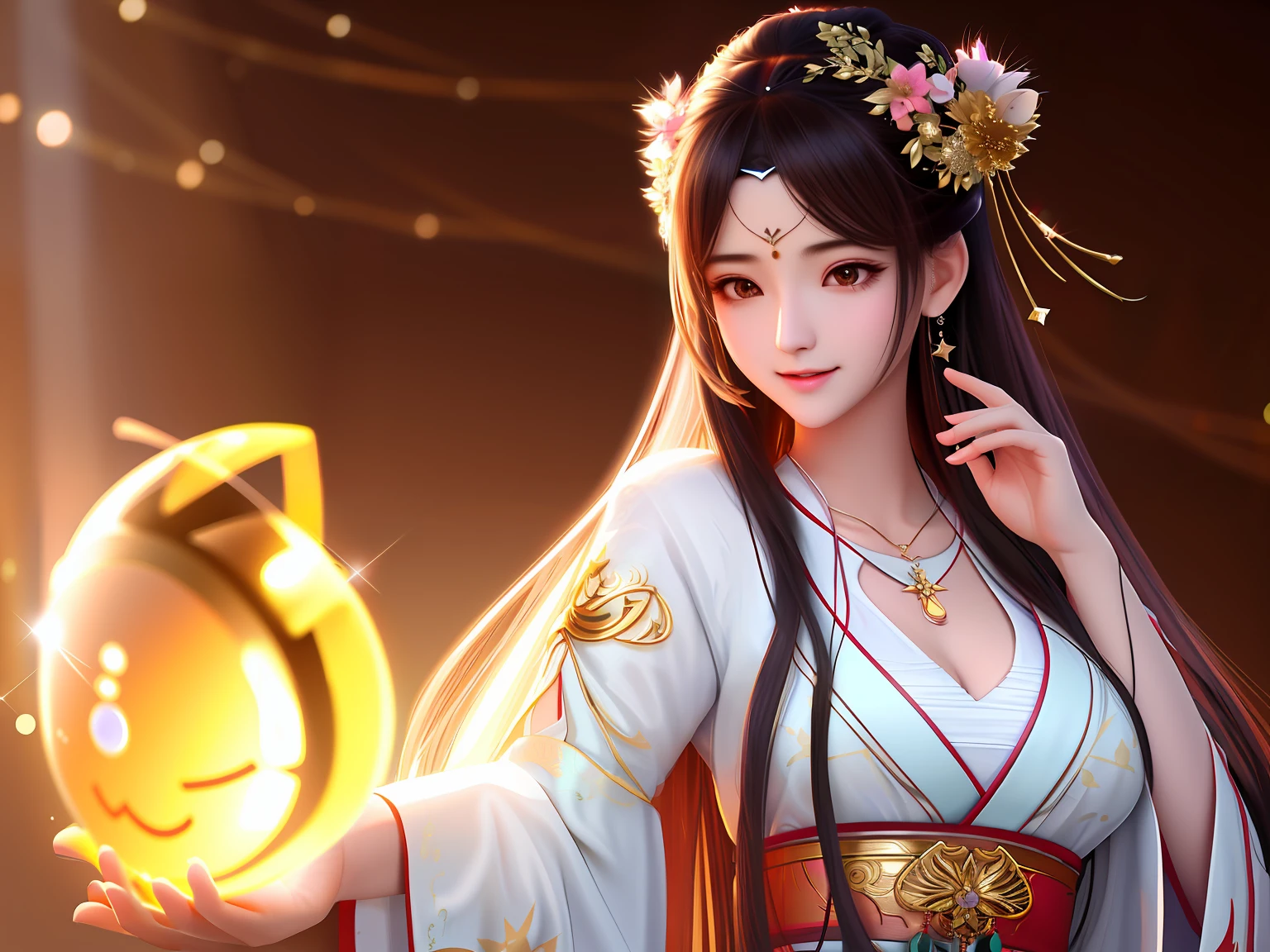 best quality, masterpiece, highres, 1girl,blush,(seductive smile:0.8),star-shaped pupils,china hanfu,hair ornament,necklace, jewelry,Beautiful face,upon_body, tyndall effect,photorealistic, dark studio, rim lighting, two tone lighting,(high detailed skin:1.2), 8k uhd, dslr, soft lighting, high quality, volumetric lighting, candid, Photograph, high resolution, 4k, 8k, Bokeh