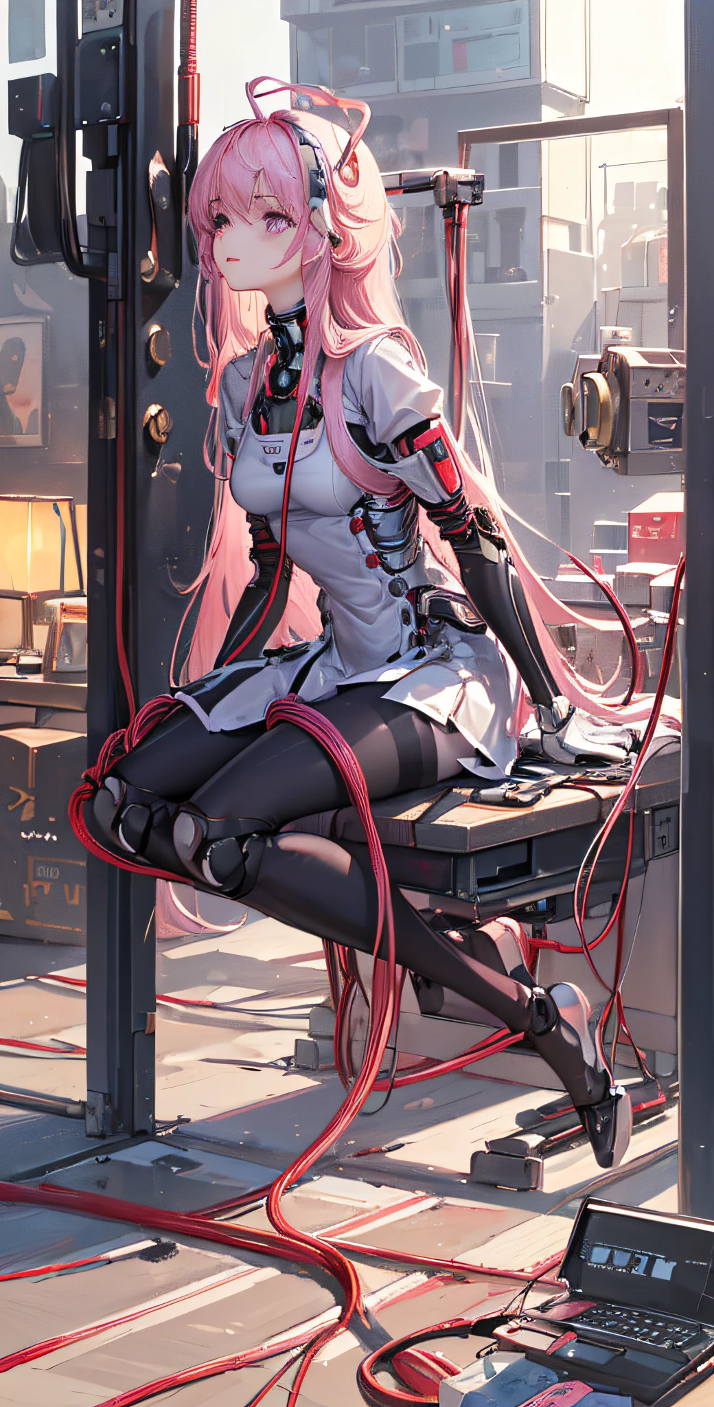 (((masterpiece))),(((best quality))),((ultra-detailed)),(highly detailed CG illustration),((an extremely delicate and beautiful)),(cute delicate face),cinematic light,((1mechanical girl)),solo,full body,(machine made joints:1.4),((machanical limbs)),(explosed muscles),(blood vessels connected to tubes),(a brain in container:1.3),((mechanical vertebra attaching to back)),((mechanical cervial attaching to neck)),((sitting)),expressionless,(wires and cables attaching to head and body:1.5),small breasts,(character focus),science fiction,dramatic lighting,Pink Mecha,Honey Mecha,masterpiece,best quality,A girl,,Charming eyes,High quality,Black pink purple eyes,full armor,Mechanical feet,mecha,cbpkv5,Long hair, pink eyes,hll,pantyhose,1girl,moyou,Best quality,