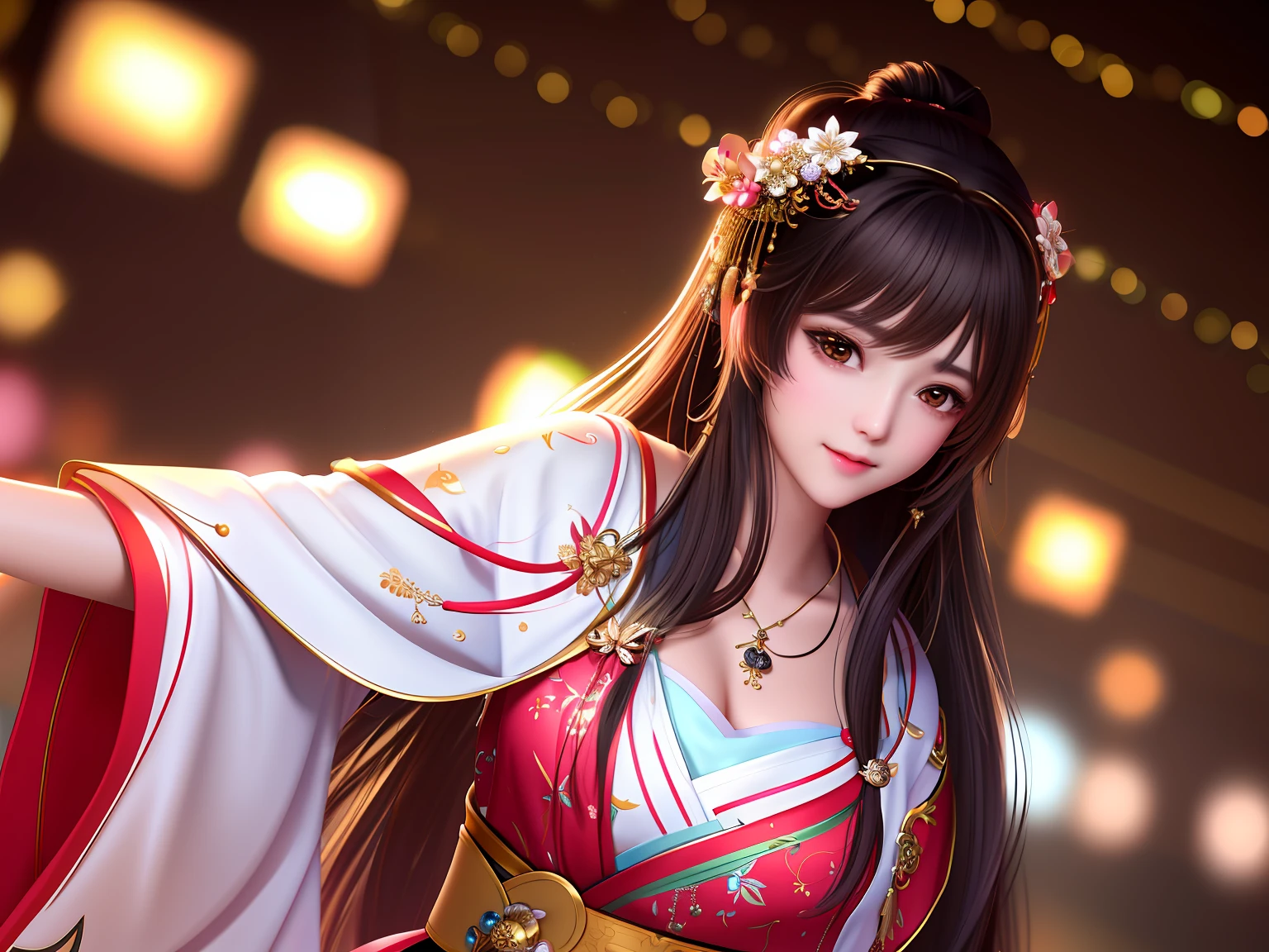 best quality, masterpiece, highres, 1girl,blush,(seductive smile:0.8),star-shaped pupils,china hanfu,hair ornament,necklace, jewelry,Beautiful face,upon_body, tyndall effect,photorealistic, dark studio, rim lighting, two tone lighting,(high detailed skin:1.2), 8k uhd, dslr, soft lighting, high quality, volumetric lighting, candid, Photograph, high resolution, 4k, 8k, Bokeh