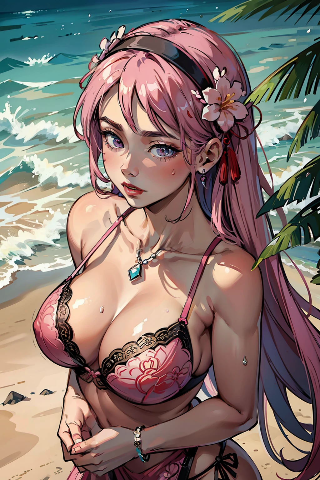 Beautiful older sister wearing sexy pink lace erotic panties on the beach，She wears a beautiful flower on her head，There are a little drops of water on the body，Hang beautiful jewelry around your neck，The image of the beauty is a type of ancient Chinese Jiangnan style