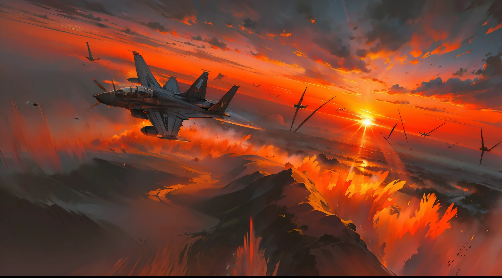 karo,Vast fields,binh,the sunset,fighter jets,cinematric light,There is a lot of war