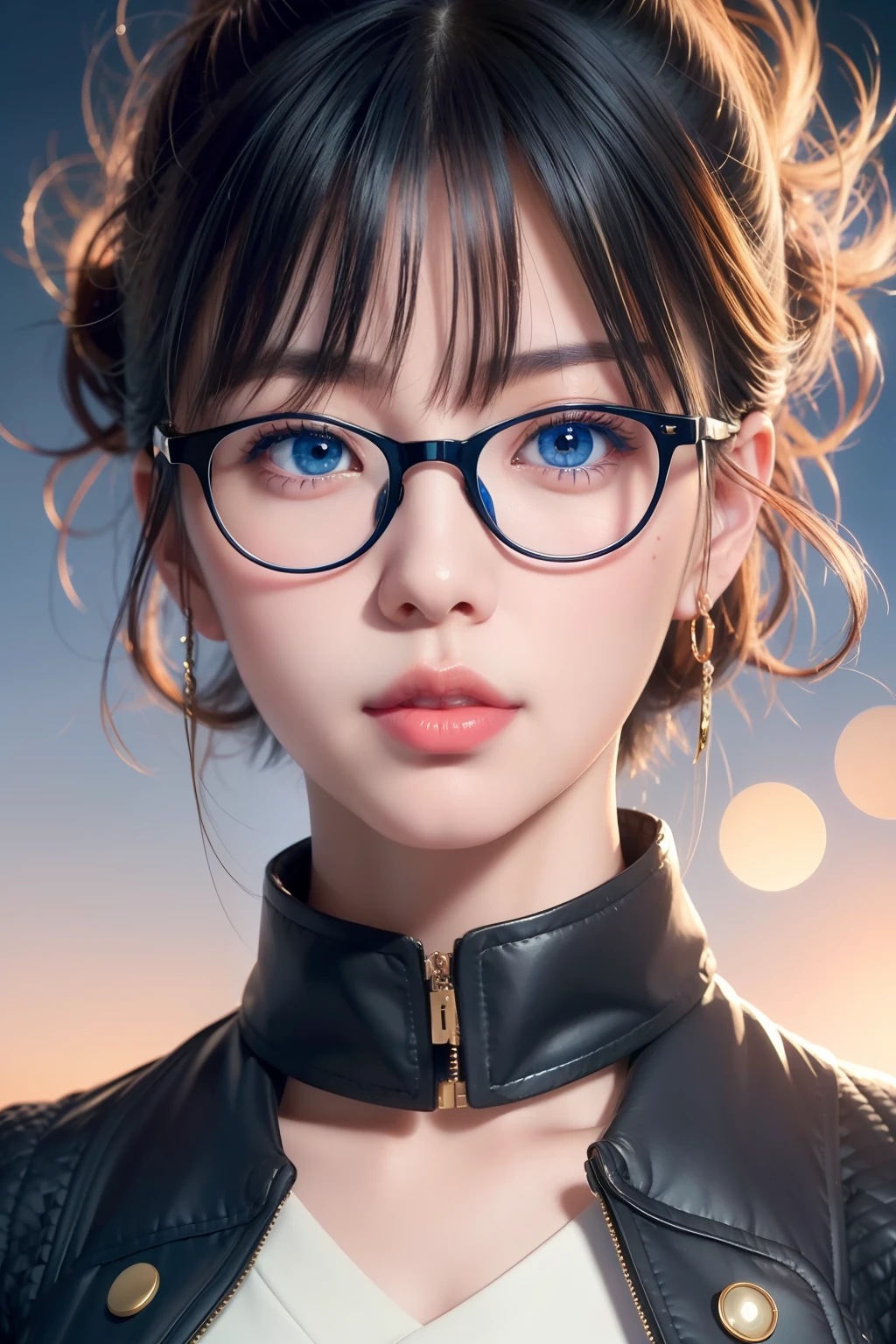 asian girl with blue eyes and black glasses looking at the camera, high detailed , portrait, stunning face portrait, realistic moe artstyle, extremely detailed, beautiful realistic portrait, 4 k, ultra high res, detail skin, red lips, wolf cut hair, layer hair, dramatical light, masterpiece, best quality, ultra detail