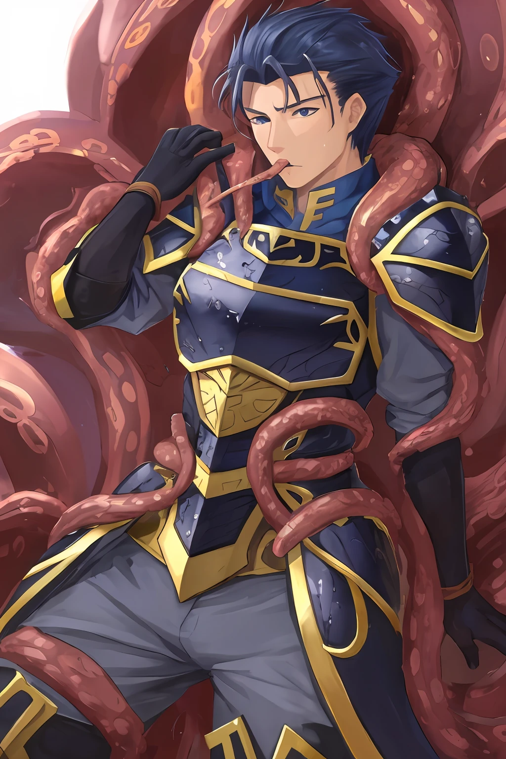 Hector Fey（adult man）， 独奏， looking at viewert，Tied by tentacles（Mucus-secreting tentacles） ，with her mouth open，drools，perspire，Tight combat uniform，Armour，Armour，Get wet， mitts， 1 man，weeping，Be red in the face， Male focus，Tentacles wrapped around thighs（Octopus tentacles wrap around thighs）， cloaks， Armour， Shoulder armor， Soaked leggings，Wrists bound by tentacles，Waist wrapped around tentacles