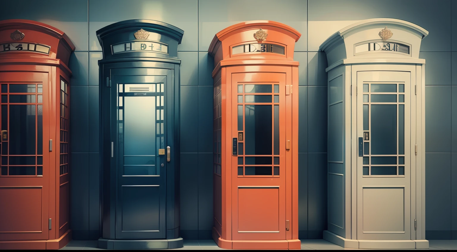 Phone booth Colored ceramic tiles Three views Modern background Art Deco line drawing