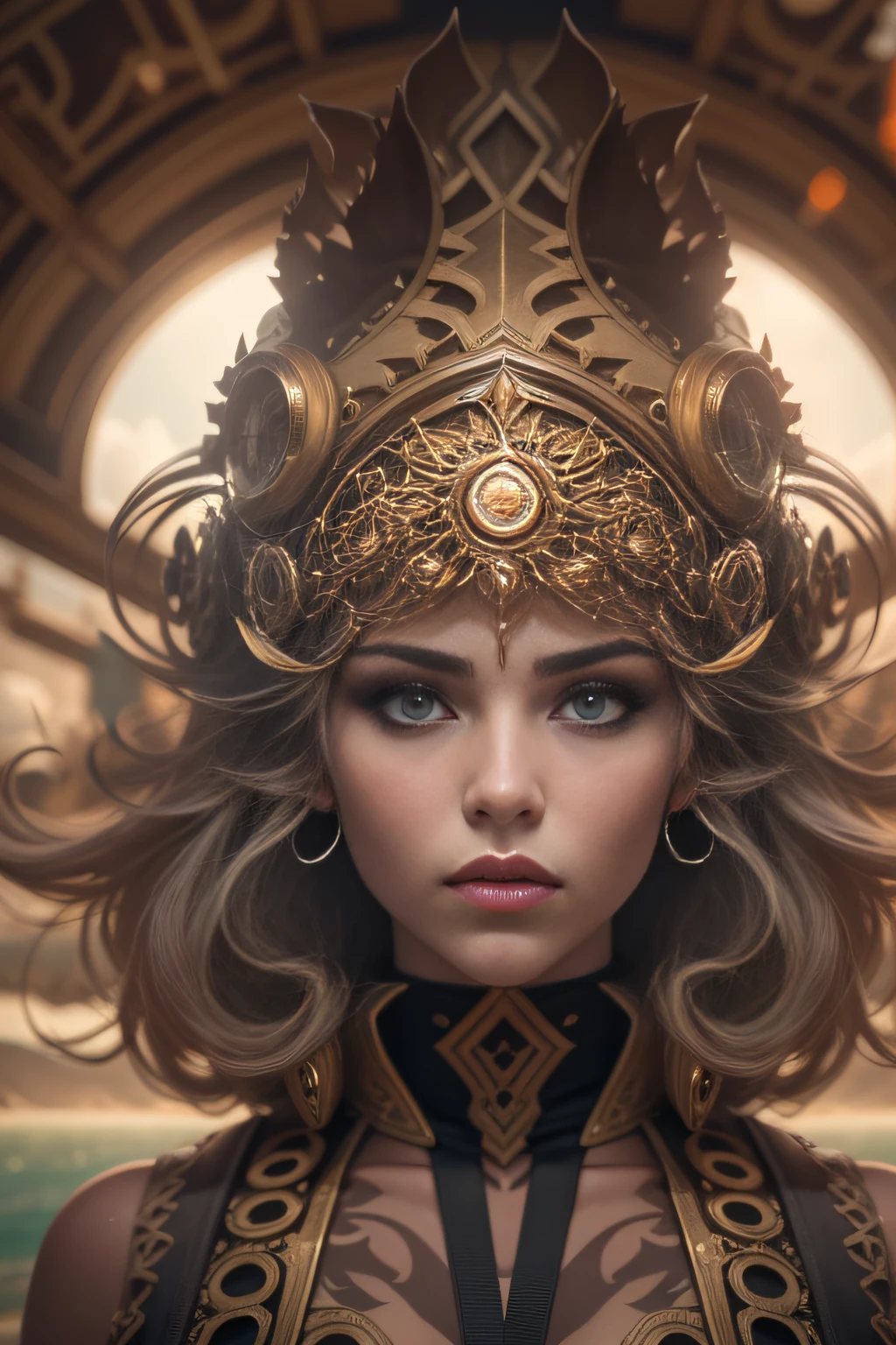 Waist high Portrait of an exotic beautiful caucasian woman wearing trendy clothing at a beach, perfect detailed face, detailed symmetric hazel eyes with circular iris, realistic, stunning realistic photograph, 3d render, octane render, intricately detailed, cinematic, trending on artstation, Isometric, Centered hipereallistic cover photo, awesome full color, hand drawn, dark, gritty, mucha, klimt, erte 12k, high definition, cinematic, neoprene, behance contest winner, portrait featured on unsplash, stylized digital art, smooth, ultra high definition, 8k, unreal engine 5, ultra sharp focus, intricate artwork masterpiece, ominous, epic, TanvirTamim, trending on artstation, by artgerm, h. r. giger and beksinski, highly detailed, vibrant