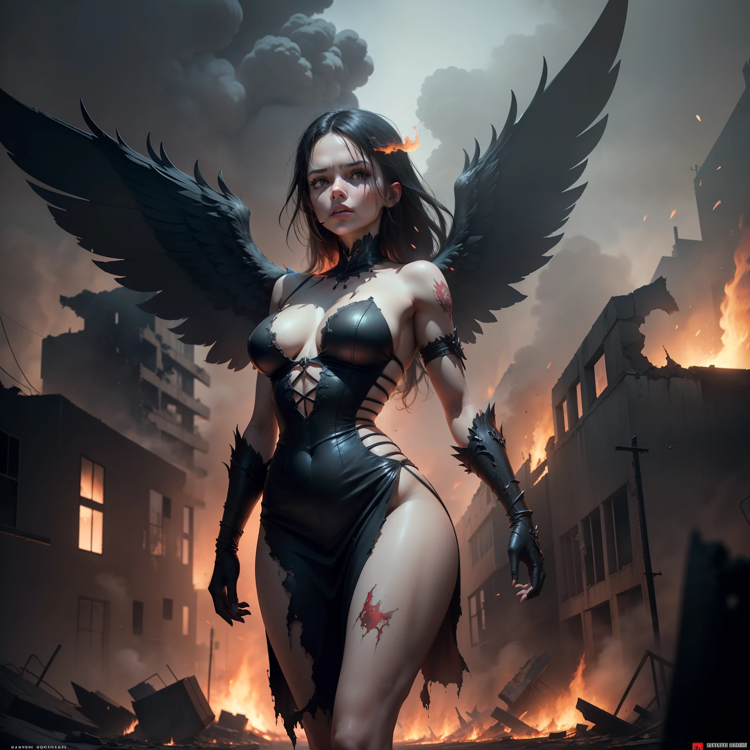 (front view:1. 2) of a black and red graceful evil fallen female angel,finely detailed features,warmly lit from the front,hyper realistic, ultra detailed photograph of a woman, large white wings folded down, sad, intricate white dress, walk on decrepit street in fire, destroyed buildings, dark sky, active fires in background, volumetric fog, subsurface scattering, ambient occlusion, post apocalyptic, ruins of war, fire, smoke,