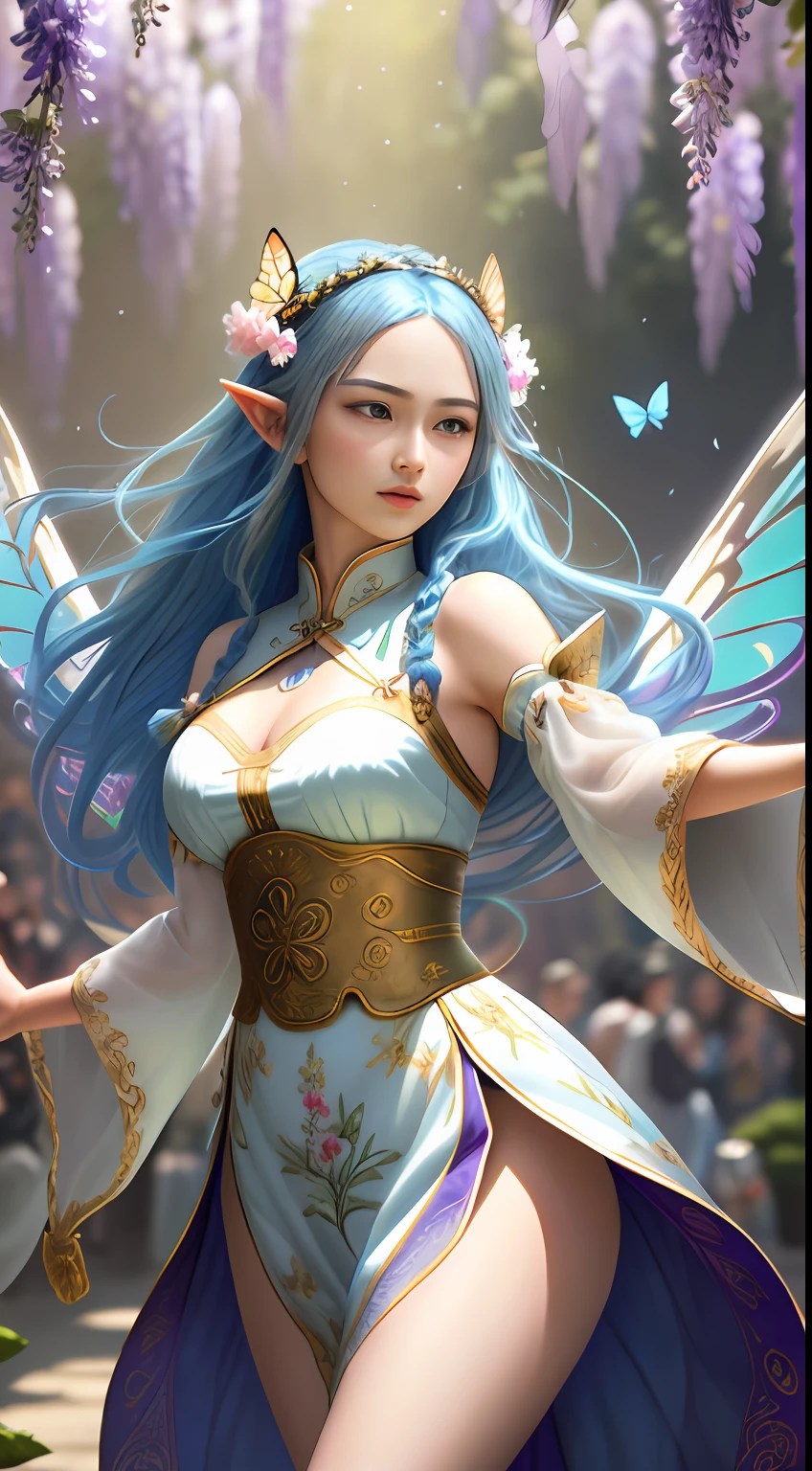 masterpiece, highres, realistic, photographic, exquisite body, gorgeous face, milky skin, intricate details, high resolution, high detail RAW color photo, wallpaper,. 1girl, long hair, bug, pointy ears, butterfly, flower, dress, white hair, solo, detached sleeves, wings, butterfly wings, hair ornament, open mouth, blue eyes, white dress, blue hair,Golden tassels, delicate embroidery patterns,The elaborate braids, the Greek dresses,chinese clothes,many wisteria,Whirlpool, entanglement, colorful flowers, dunhuang clothes,streamer,dancing, .VSCO A7, HDR, highres, depth field, boken, ISO 200, golden hour, vignette, rainbowing, The color is bright, Rich in color, dramatic angle, dynamic pose, overall view, backlight, from the Side below silk, many colorful, multicolored background, film grain, lens flare, dutch angle, motion blur, 16K, best quality,The color is bright, Rich in color style-paintmagic.