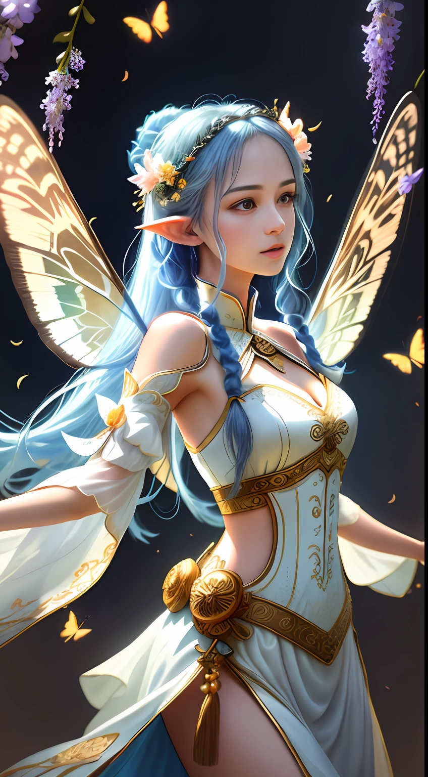 masterpiece, highres, realistic, photographic, exquisite body, gorgeous face, milky skin, intricate details, high resolution, high detail RAW color photo, wallpaper,. 1girl, long hair, bug, pointy ears, butterfly, flower, dress, white hair, solo, detached sleeves, wings, butterfly wings, hair ornament, open mouth, blue eyes, white dress, blue hair,Golden tassels, delicate embroidery patterns,The elaborate braids, the Greek dresses,chinese clothes,many wisteria,Whirlpool, entanglement, colorful flowers, dunhuang clothes,streamer,dancing, .VSCO A7, HDR, highres, depth field, boken, ISO 200, golden hour, vignette, rainbowing, The color is bright, Rich in color,  dramatic angle, dynamic pose, overall view, backlight, from the Side below silk, many colorful, multicolored background, film grain, lens flare, dutch angle, motion blur, 16K, best quality,The color is bright, Rich in color style-paintmagic.