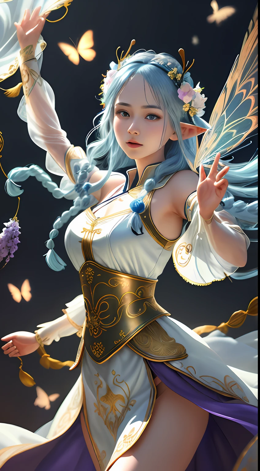 masterpiece, highres, realistic, photographic, exquisite body, gorgeous face, milky skin, intricate details, high resolution, high detail RAW color photo, wallpaper,. 1girl, long hair, bug, pointy ears, butterfly, flower, dress, white hair, solo, detached sleeves, wings, butterfly wings, hair ornament, open mouth, blue eyes, white dress, blue hair,Golden tassels, delicate embroidery patterns,The elaborate braids, the Greek dresses,chinese clothes,many wisteria,Whirlpool, entanglement, colorful flowers, dunhuang clothes,streamer,dancing, .VSCO A7, HDR, highres, depth field, boken, ISO 200, golden hour, vignette, rainbowing, The color is bright, Rich in color,  dramatic angle, dynamic pose, overall view, backlight, from the Side below silk, many colorful, multicolored background, film grain, lens flare, dutch angle, motion blur, 16K, best quality,The color is bright, Rich in color style-paintmagic.