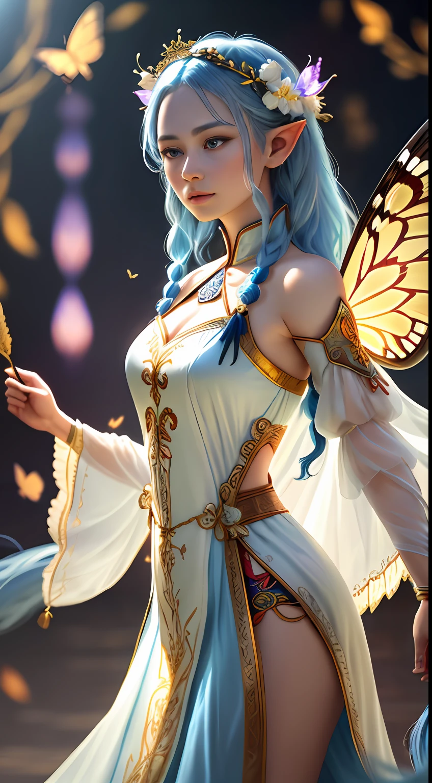 masterpiece, highres, realistic, photographic, exquisite body, gorgeous face, milky skin, intricate details, high resolution, high detail RAW color photo, wallpaper,. 1girl, long hair, bug, pointy ears, butterfly, flower, dress, white hair, solo, detached sleeves, wings, butterfly wings, hair ornament, open mouth, blue eyes, white dress, blue hair,Golden tassels, delicate embroidery patterns,The elaborate braids, the Greek dresses,chinese clothes,many wisteria,Whirlpool, entanglement, colorful flowers, dunhuang clothes,streamer,dancing, .VSCO A7, HDR, highres, depth field, boken, ISO 200, golden hour, vignette, rainbowing, The color is bright, Rich in color, dramatic angle, dynamic pose, overall view, backlight, from the Side below silk, many colorful, multicolored background, film grain, lens flare, dutch angle, motion blur, 16K, best quality,The color is bright, Rich in color style-paintmagic.