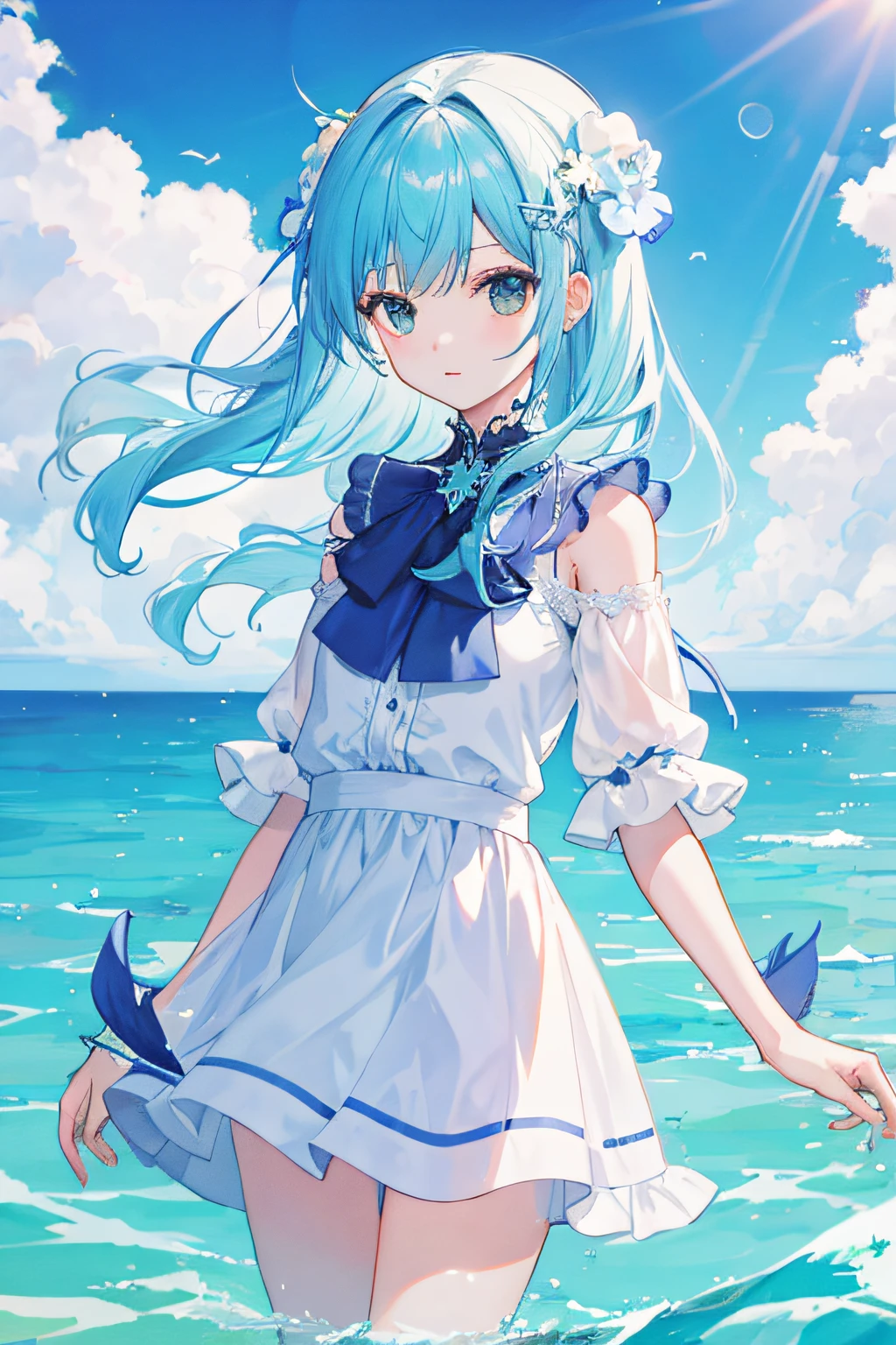 A woman in a dress standing in the ocean with a blue hair - SeaArt AI