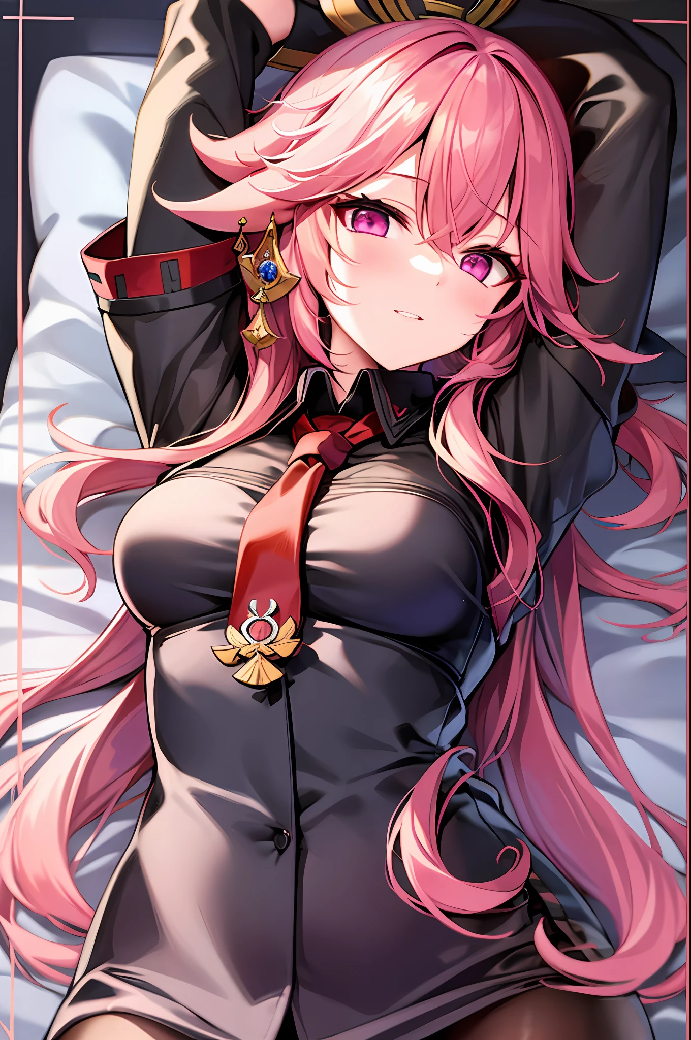 1yae miko, black shirt,pink hair,red necktie, lying,on back,bed,arms up,military uniform,small breasts, pencil skirt,masterpiece, highres, best quality