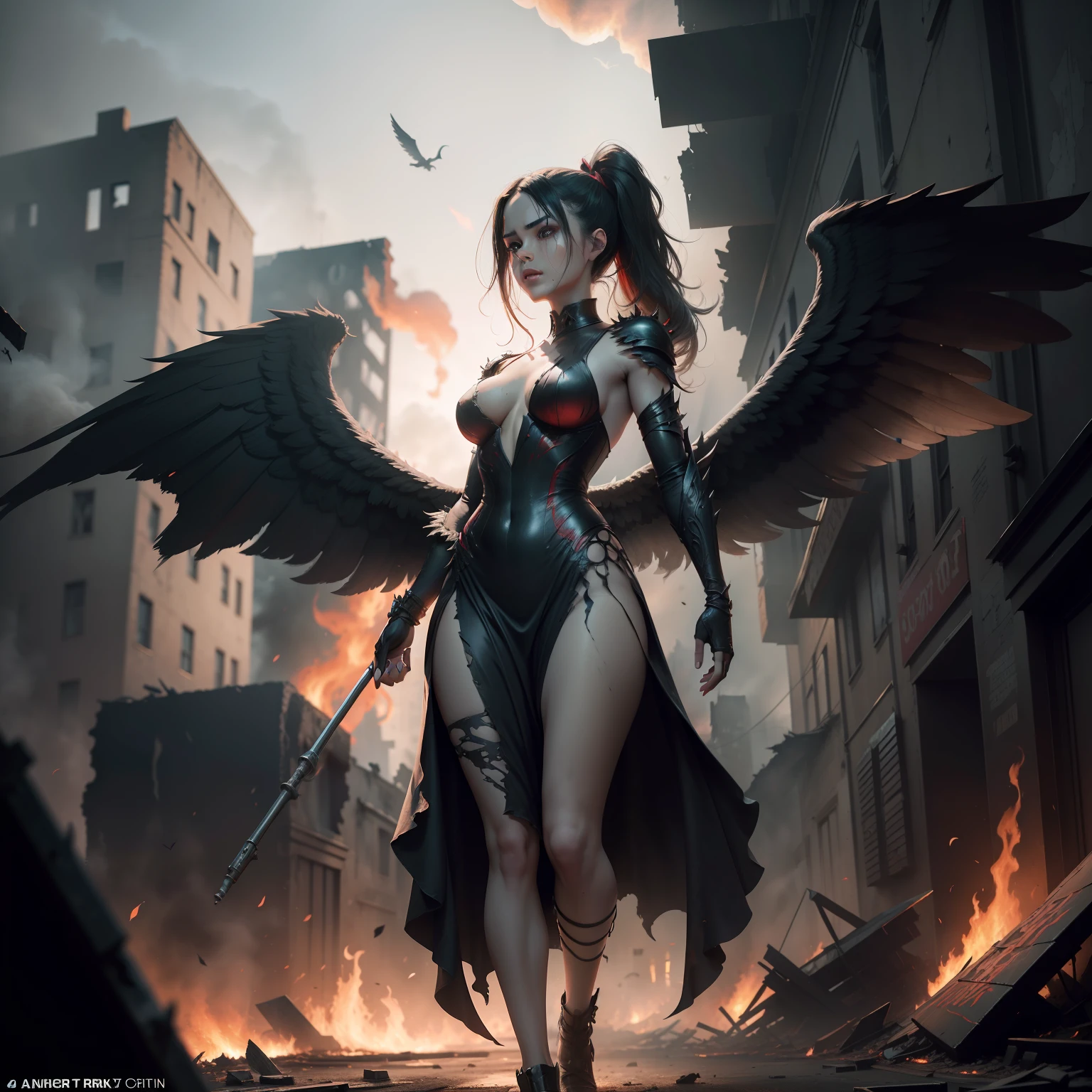 (front view:1. 2) of a black and red graceful evil fallen female angel,finely detailed features,warmly lit from the front,hyper realistic, ultra detailed photograph of a woman, large white wings folded down, sad, intricate white dress, walk on decrepit street in fire, destroyed buildings, dark sky, active fires in background, volumetric fog, subsurface scattering, ambient occlusion, post apocalyptic, ruins of war, fire, smoke,