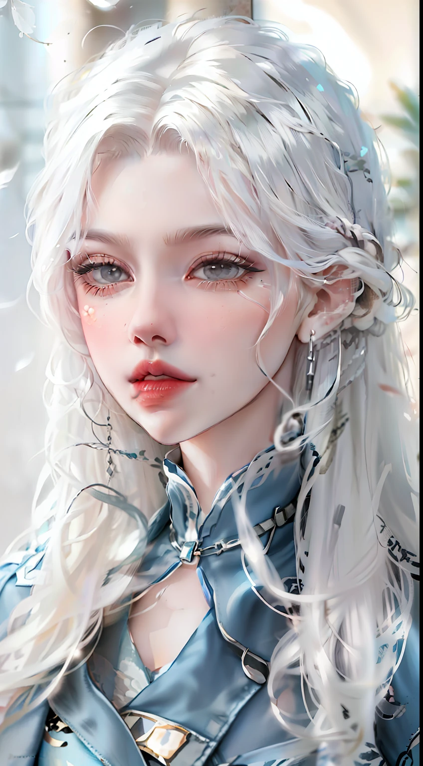 a close up of a woman with long gray hair wearing a denim jacket, Girl silver hair, long white hair, Silver hair girl, silver curly hair, with long white hair, White curly hair, wavy white long hair, messy wavy white hair, Perfect white haired girl, Beautiful anime style, silber hair, Flowing white hair, Girl with white hair,Vintage old newspaper stitching background