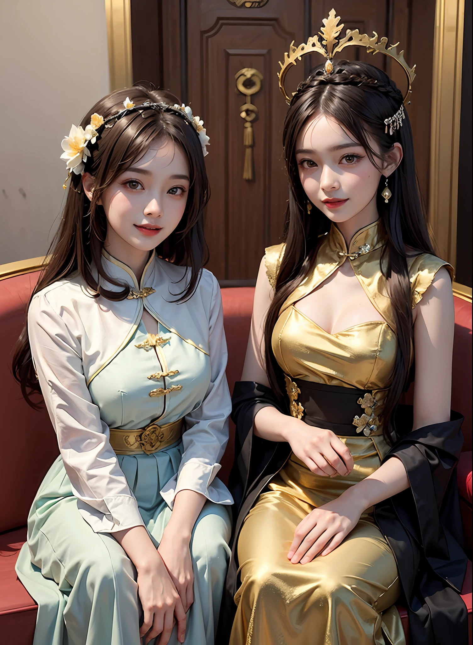 golden colored,Chinese palaces,2girls,Empress and princess,Mother and daughter,Lily,brunette color hair,By bangs,Chinese long skirt,flower,35 and 9 years old,Phoenix crown,Smile,