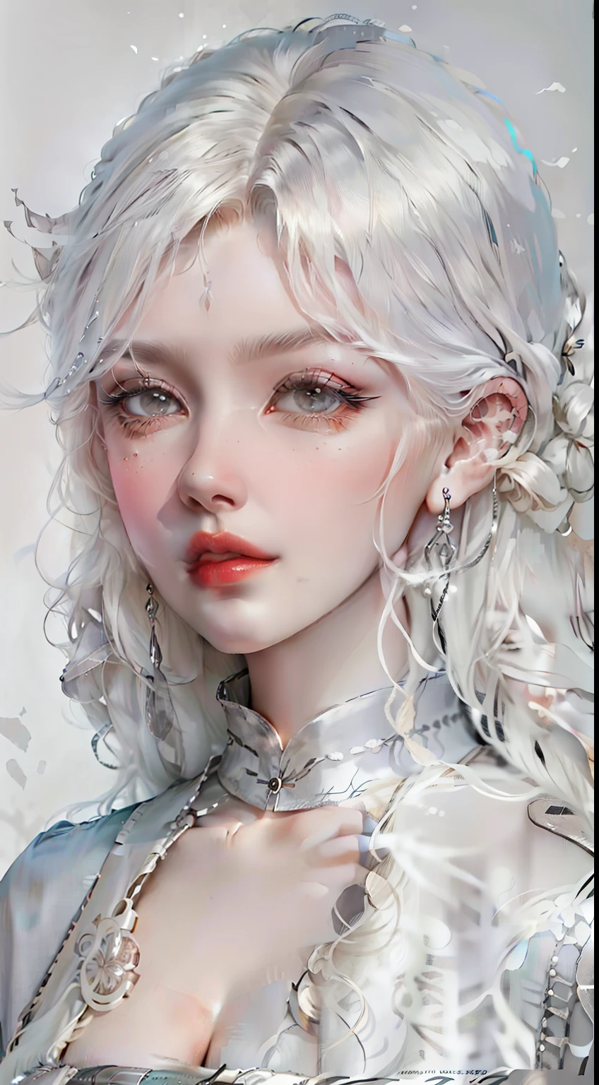 a close up of a woman with long gray hair wearing a denim jacket, Girl silver hair, long  white hair, Silver hair girl, silver curly hair, with long white hair, White curly hair, wavy white long hair, messy wavy white hair, Perfect white haired girl, Beautiful anime style, silber hair, Flowing white hair, Girl with white hair，Vintage old newspaper stitching background