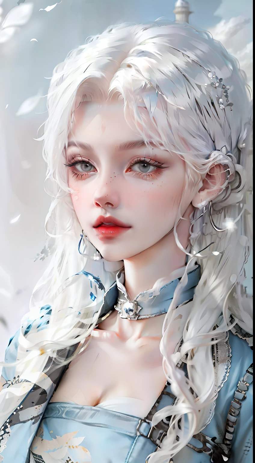 a close up of a woman with long gray hair wearing a denim jacket, Girl silver hair, long white hair, Silver hair girl, silver curly hair, with long white hair, White curly hair, wavy white long hair, messy wavy white hair, Perfect white haired girl, Beautiful anime style, silber hair, Flowing white hair, Girl with white hair,Vintage old newspaper stitching background