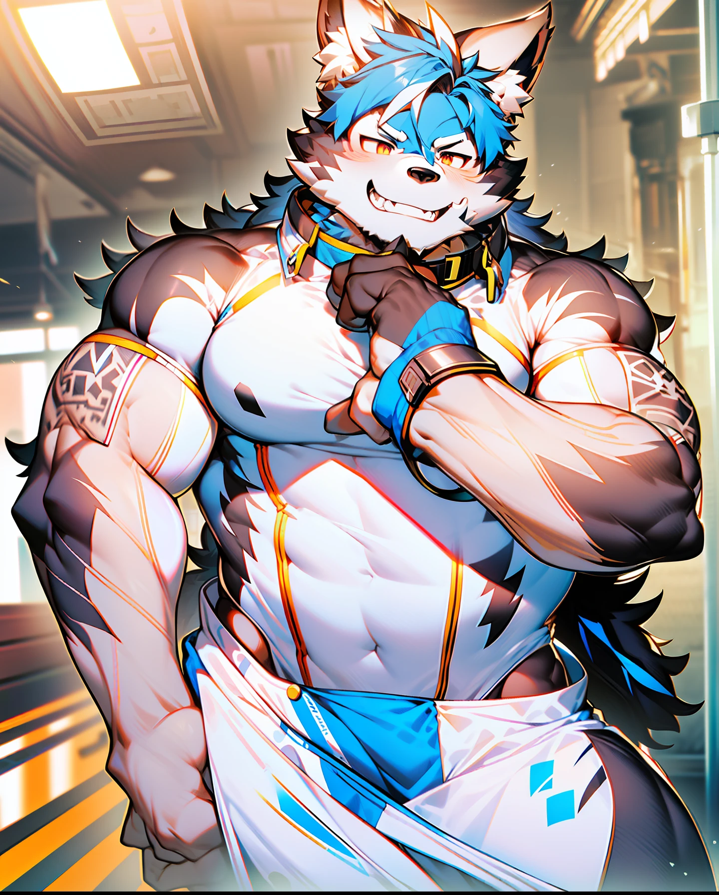 coyote,Furry,Blue pattern,Black hair,musculature,Muscle men,nakeness,Strong,ultraclear,Has a large ,Collar,Black shorts,Black sclera,red pupils,Abs,Red coat,The erection,Collar,Has a large ,der riese,tit,Solo,Stout arms,Storm jacket,Badge,Pronounced abs,ssmile,lbeard,Dim lighting,Dark atmosphere,subway station background,Dim light,Urban style,hold fists,big