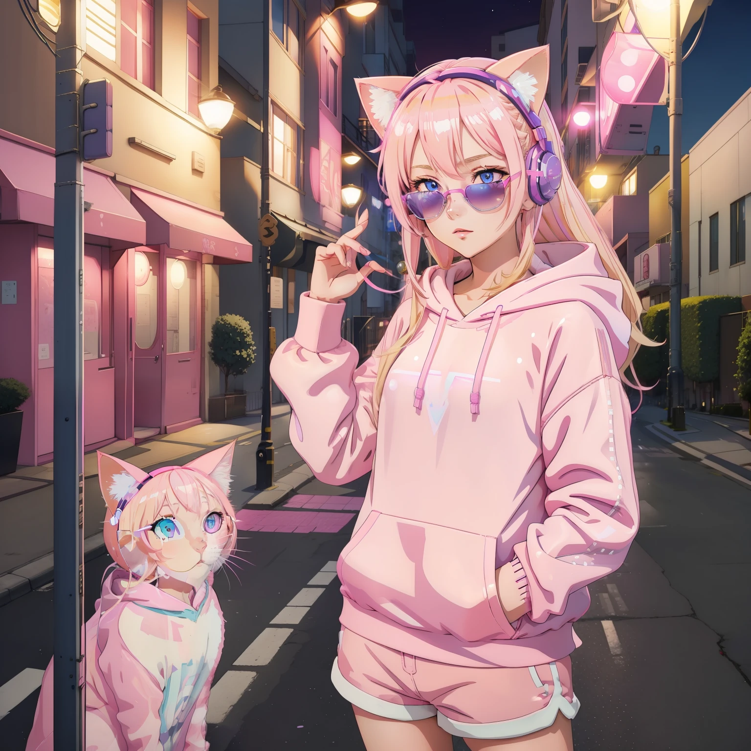 Light blonde haired anime girl with pale bluish violet colored eyes wearing pink transparent sunglasses and headphones wearing pink sequin shorts and pink cat ear hoodie standing under pink streetlight