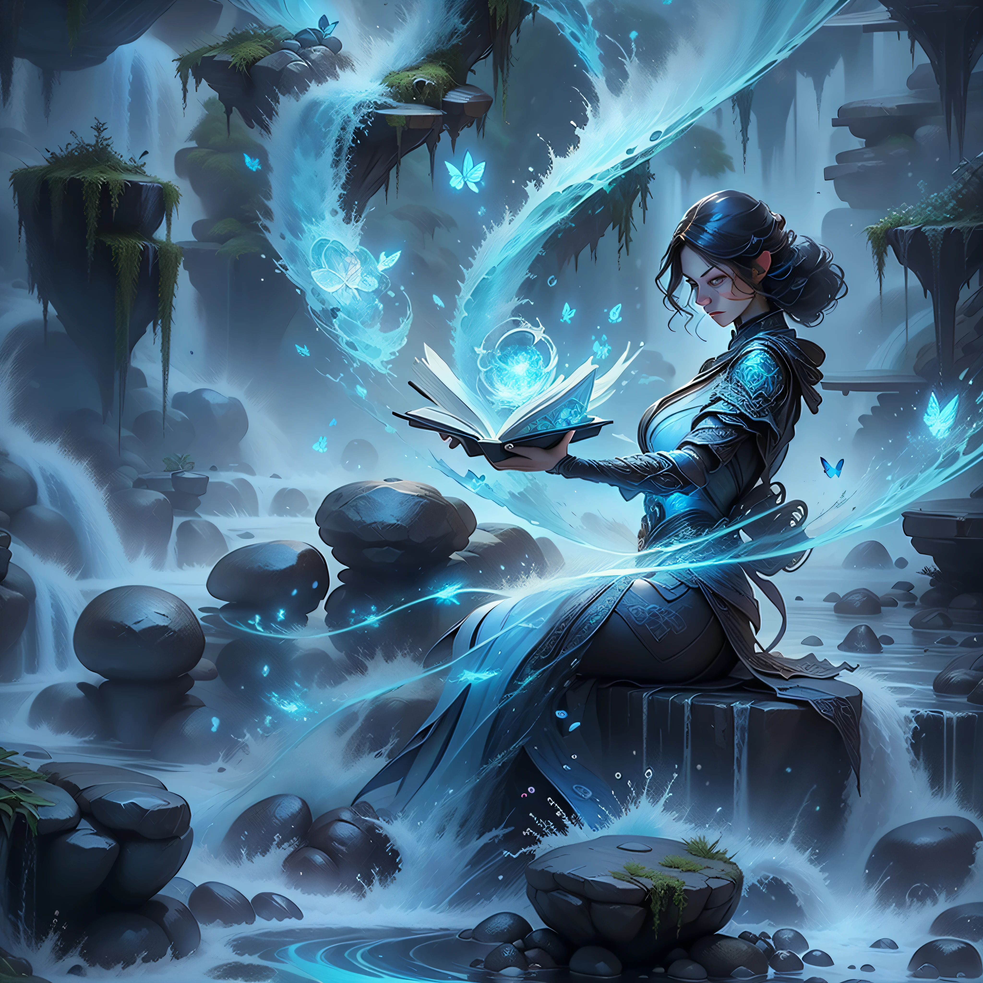 The perfect face of the moon goddess,Sitting on a rock in the forest,Reading an amazing book,There is a stream dripping from your feet,Lit candles illuminate the entire stream,photorealiscic face,Flowers and butterflies,R.Giger,WLOP,Artgerm,abstract artistic,Intricate watercolors,digitial painting,Color explosion,concept-art,Volumetriclighting,metal reflective, Glitter swirl,Decorative glow,Dripping liquid stars and galaxies,a 3D render,8k。 milky ways,Trend at Artstation,Detailed facial details,The color scheme is soft