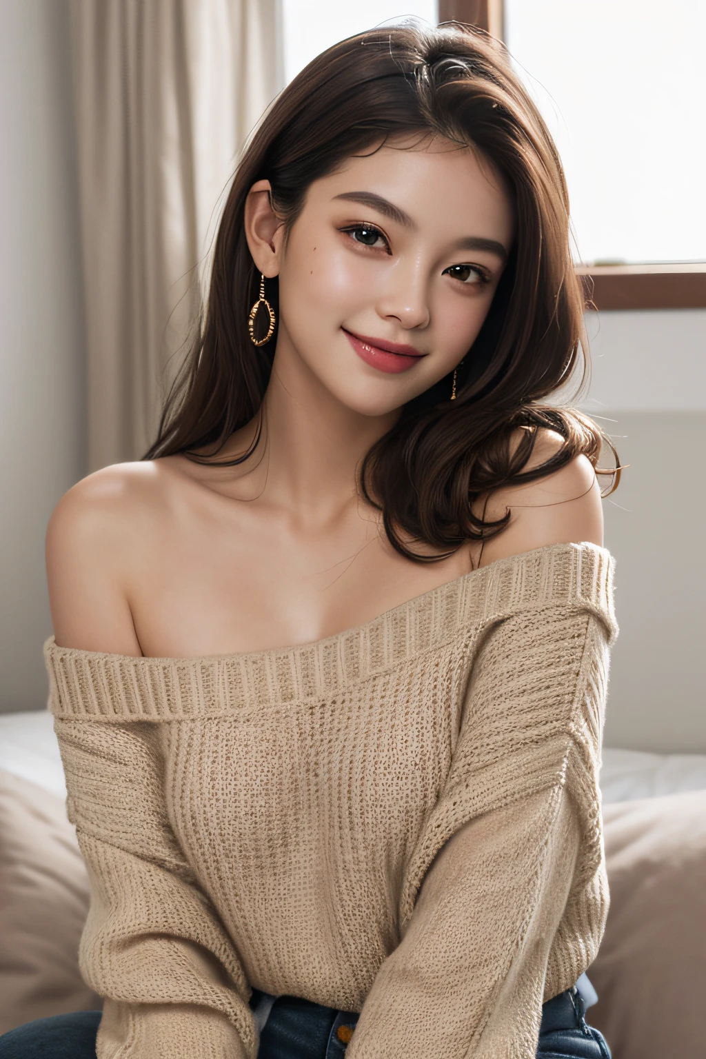 best quality, masterpiece, ultra high res, photorealistic, 1girl, offshoulder, smile, oversized_sweater, soft lighting, detailed skin,brown hair