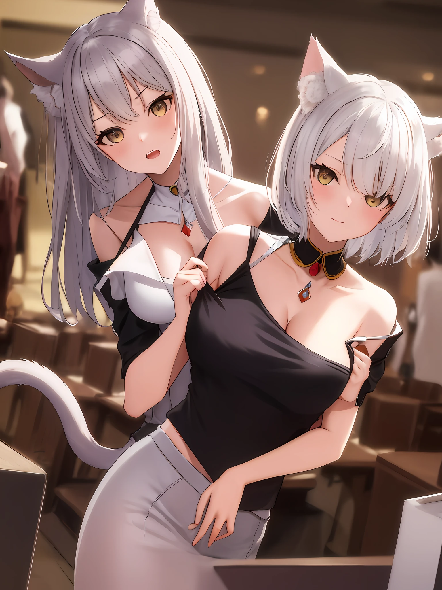 photore,best qualtiy,tmasterpiece,Kizi,White hair,short detailed hair,cat ear,tilts your head,is shy,adolable,Flush,Loose clothes,Manteau blanc,Natural stay,Lori huge breasts cleavage,astonishment,exquisite face,multiple persons,having fun,Cat tail,Crush on me,I hate her,My tablemate