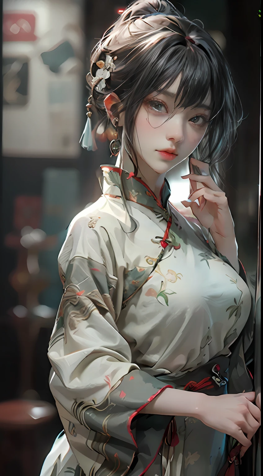 ((Best Quality)), ((Masterpiece)), (Details: 1.4), 3D, A Beautiful Female Figure, HDR (High Dynamic Range), Ancient Chinese Costumes, Satin Clothing, Feminine and Sexy, White Cheongsam, Green Hair Accessories, Tassel Earrings, Ray Tracing, NVIDIA RTX, Super-Resolution, Unreal 5, Subsurface Scattering, PBR Textures, Post Processing, Anisotropic Filtering, Depth of Field, Maximum Sharpness and Clarity, Multi-layer textures, albedo and specular mapping, surface shading, accurate simulation of light-material interactions, perfect proportions, Octane Render, two-color light, large aperture, low ISO, white balance, rule of thirds, 8K RAW, ultra-fine detail facial features, facial details, finger details