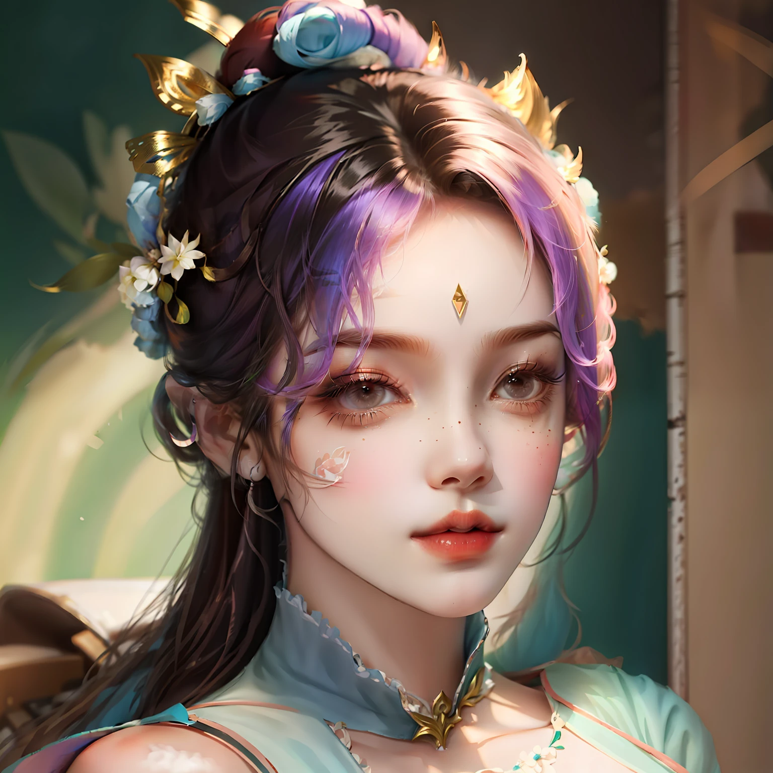 1 girl,Colorful ta,High ponytail,The face is delicate