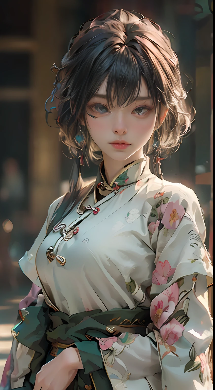 ((Best Quality)), ((Masterpiece)), (Details: 1.4), 3D, A Beautiful Female Figure, HDR (High Dynamic Range), Ancient Chinese Costumes, Satin Clothing, Feminine and Sexy, White Cheongsam, Green Hair Accessories, Tassel Earrings, Ray Tracing, NVIDIA RTX, Super-Resolution, Unreal 5, Subsurface Scattering, PBR Textures, Post Processing, Anisotropic Filtering, Depth of Field, Maximum Sharpness and Clarity, Multi-layer textures, albedo and specular mapping, surface shading, accurate simulation of light-material interactions, perfect proportions, Octane Render, two-color light, large aperture, low ISO, white balance, rule of thirds, 8K RAW, ultra-fine detail facial features, facial details, finger details