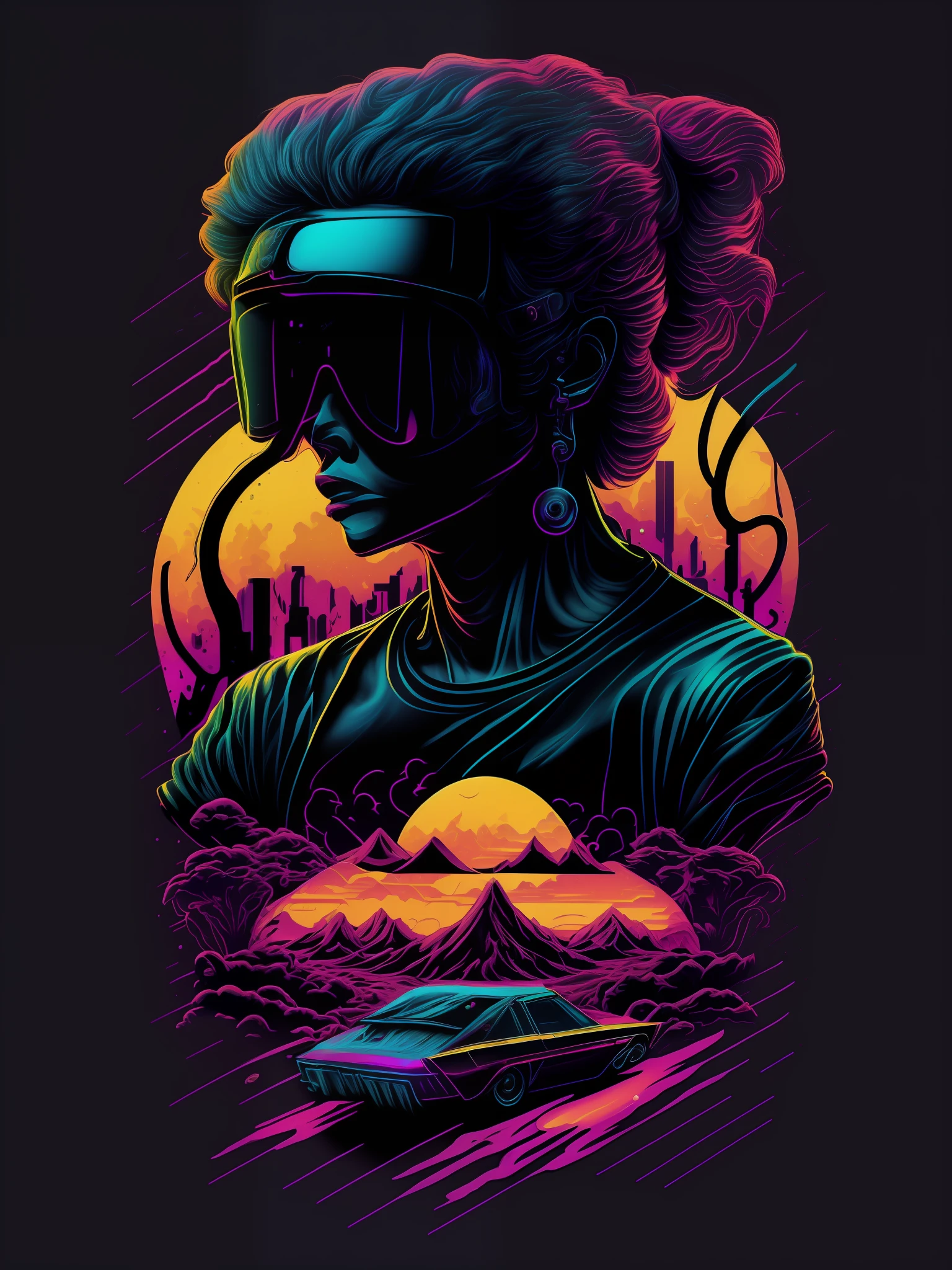 psychadelic, vector image, t-shirt design, isolated, black background, futuristic 3D illustration