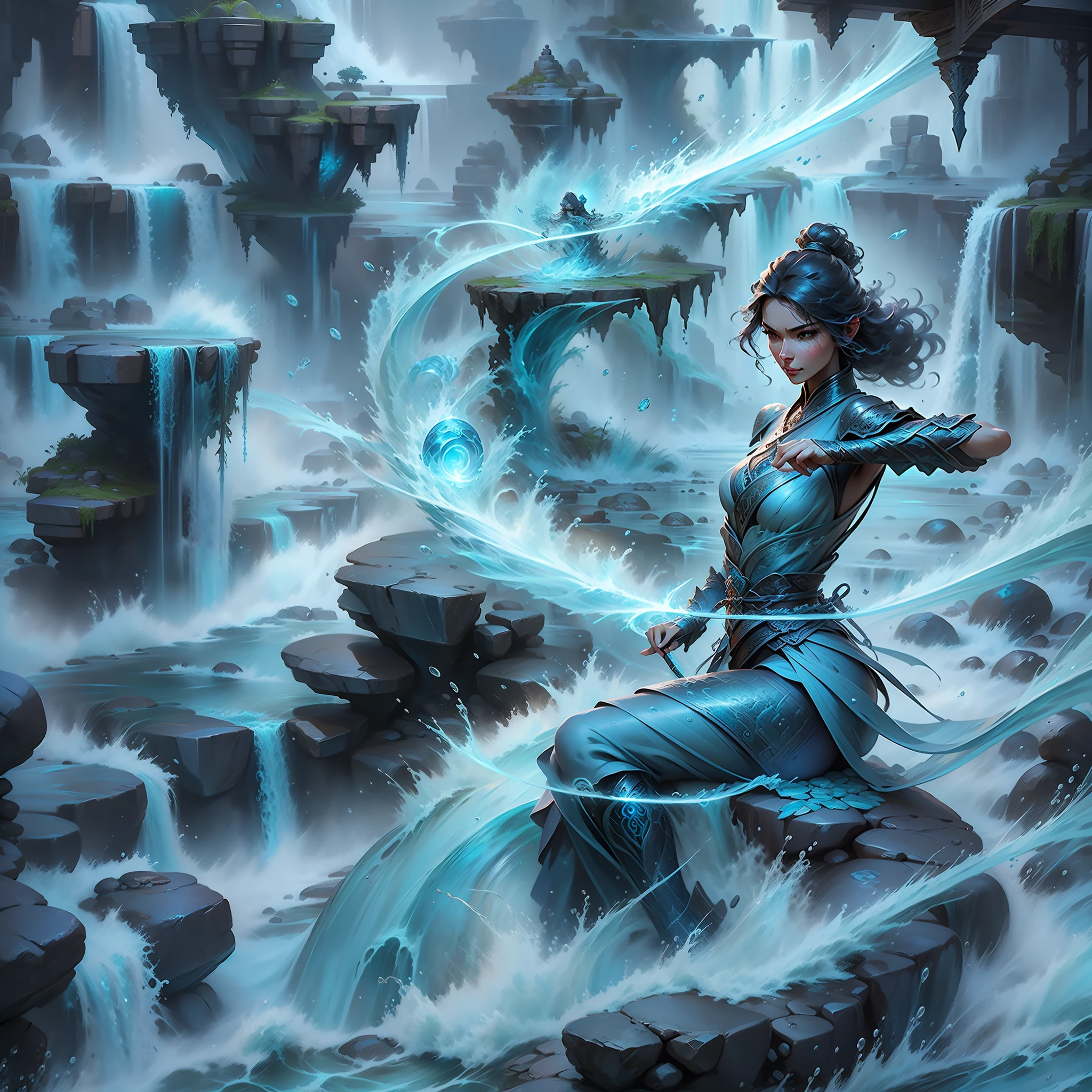 The Araved woman sits on the rock of the waterfall with a sword, closeup fantasy with water magic, graphic artist magali villeneuve, Asian Woman Water Elemental, Epic fantasy digital art style, Fantasy art style, Fantasy art Behance, artgerm julie bell beeple, magical concept art, character splash art, High quality fantasy art
