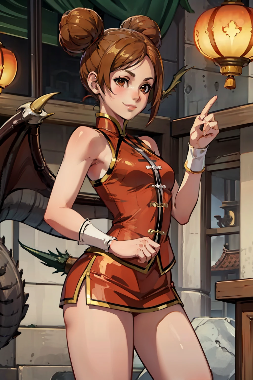1girl, teen, light smile, MuiMuiMS, solo, small breasts, blurry, blurry background, china, palace, dragons