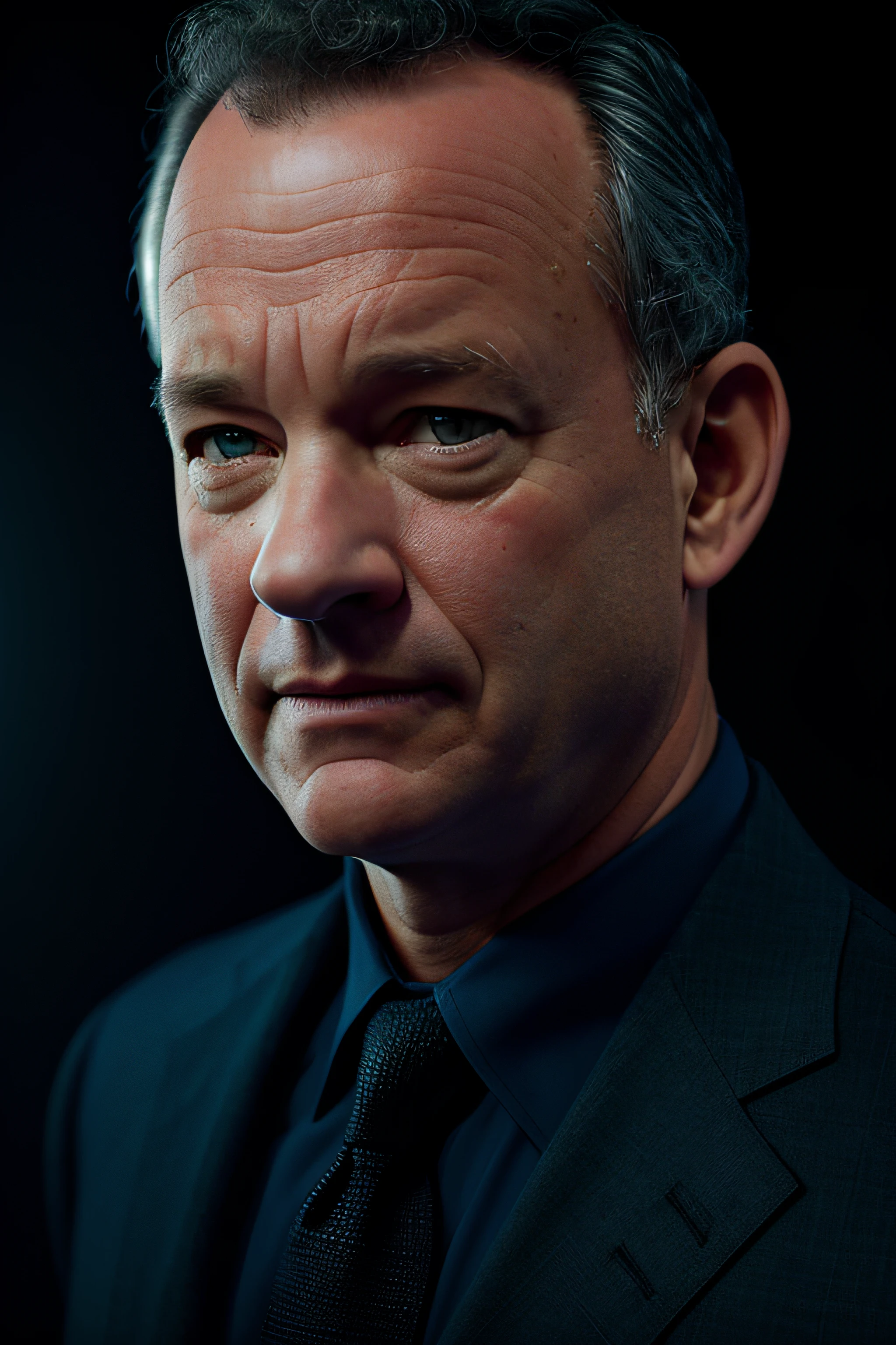 retrato realista de uma foto premiada de Tom hanks, posing in a dark suit in a dark studio, (rim lighting,: 1.4) dual-tone lighting, foco nítido, Blue-oil hue, octanagem, irreal, mal iluminado, chave baixa,