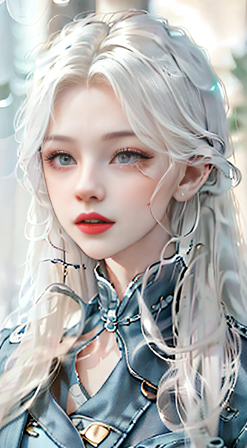 a close up of a woman with long gray hair wearing a denim jacket, Girl silver hair, long white hair, Silver hair girl, silver curly hair, with long white hair, White curly hair, wavy white long hair, messy wavy white hair, Perfect white haired girl, Beautiful anime style, silber hair, Flowing white hair, Girl with white hair,Vintage old newspaper stitching background