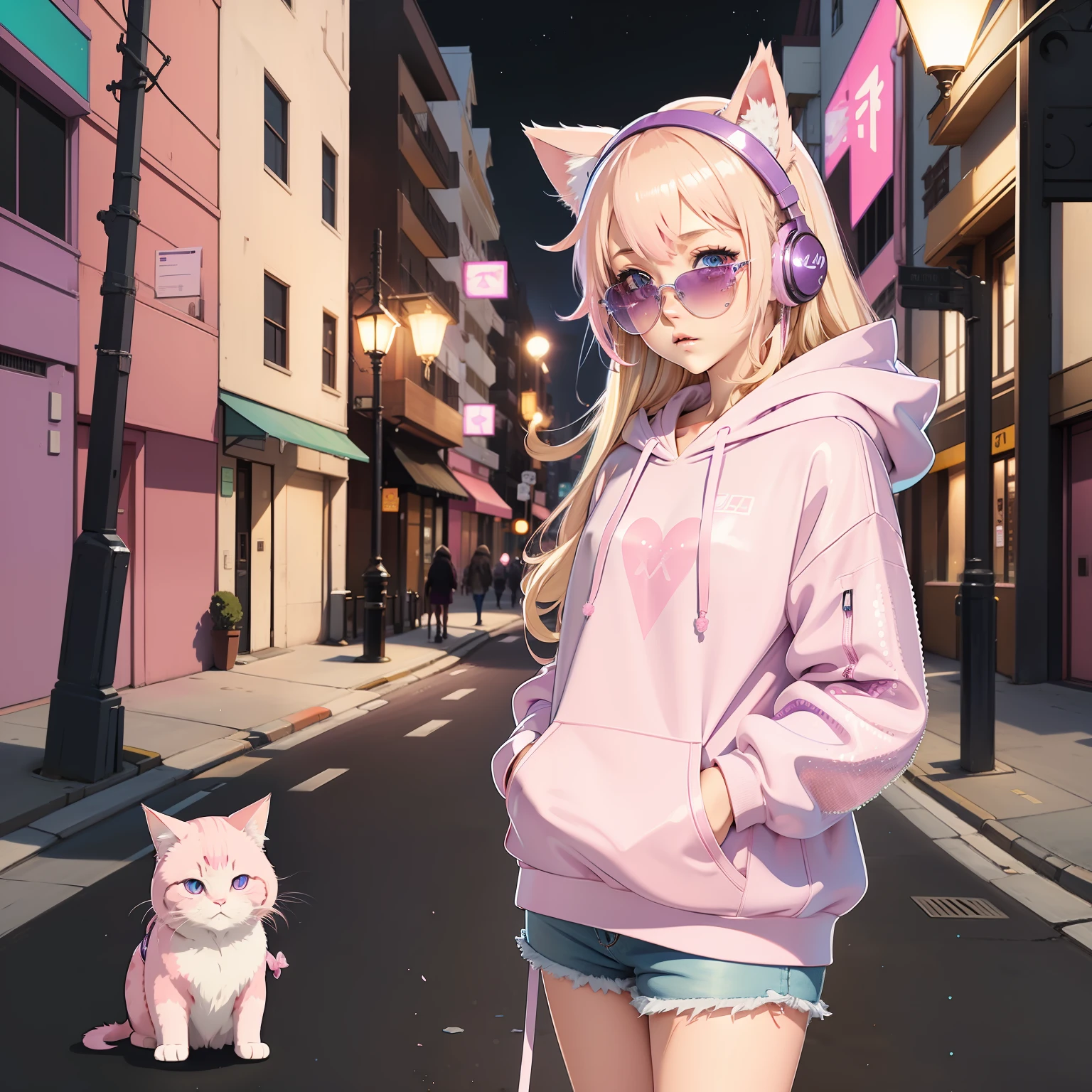 Light blonde haired anime girl with pale bluish violet colored eyes wearing pink transparent sunglasses and headphones wearing pink sequin shorts and pink cat ear hoodie standing under pink streetlight