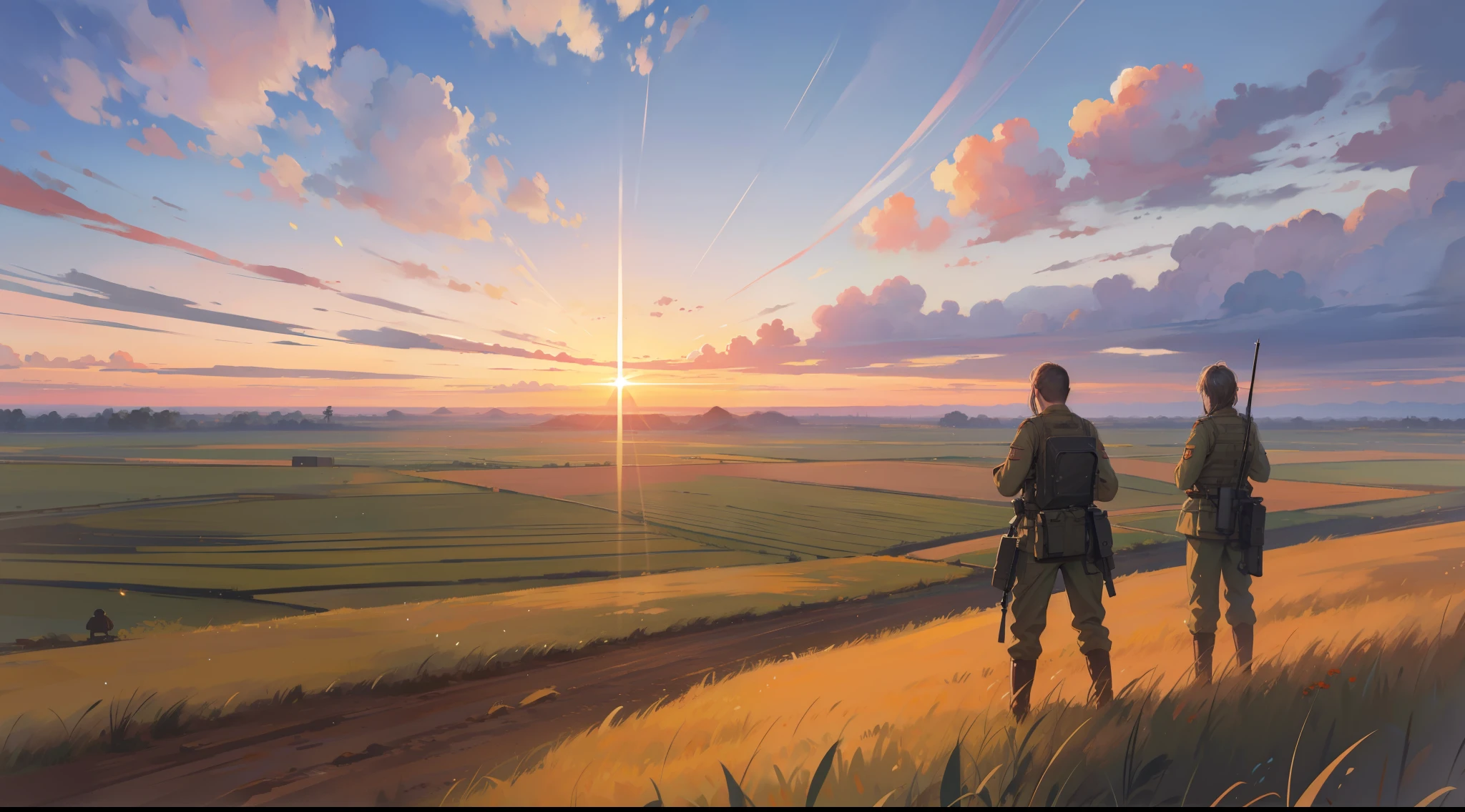 karo,Vast fields,A lot of soldiers who are shooting,the sunset,cinematric light,There is a lot of war,tanks,shock,4K