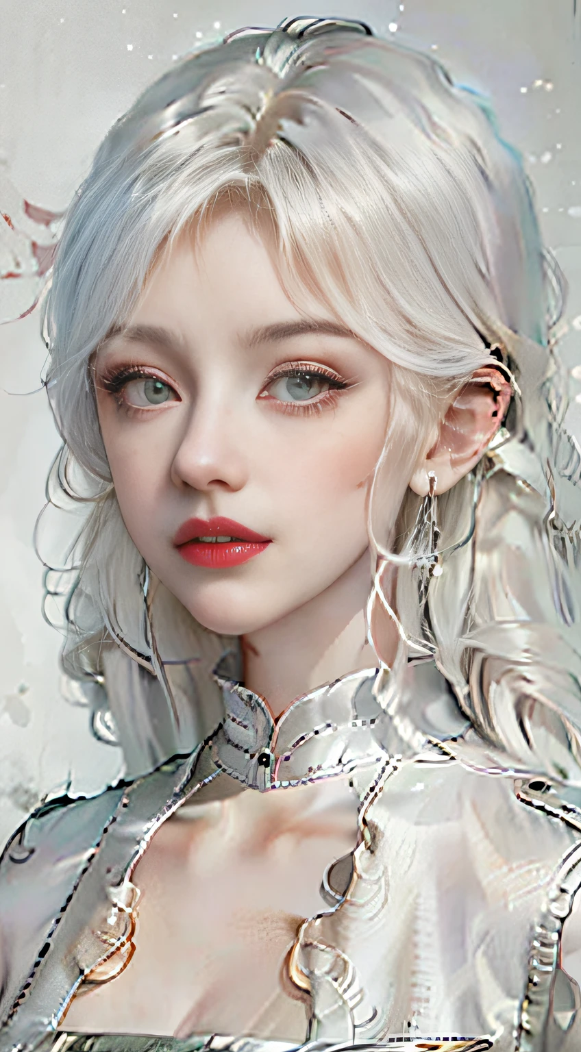 a close up of a woman with long gray hair wearing a denim jacket, Girl silver hair, long white hair, Silver hair girl, silver curly hair, with long white hair, White curly hair, wavy white long hair, messy wavy white hair, Perfect white haired girl, Beautiful anime style, silber hair, Flowing white hair, Girl with white hair,Vintage old newspaper stitching background