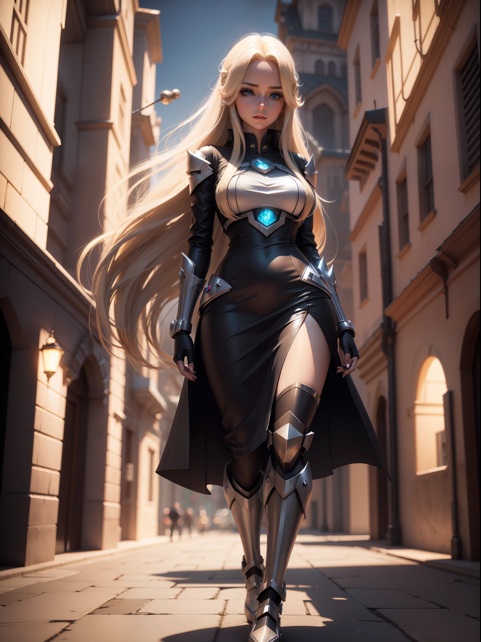 Beautiful woman. Blonde Long hair. Vestida con ropa ajustada de cuero negro. Fantasy City Background. Estilo mecha. Estilo disney. Renderizado 3D