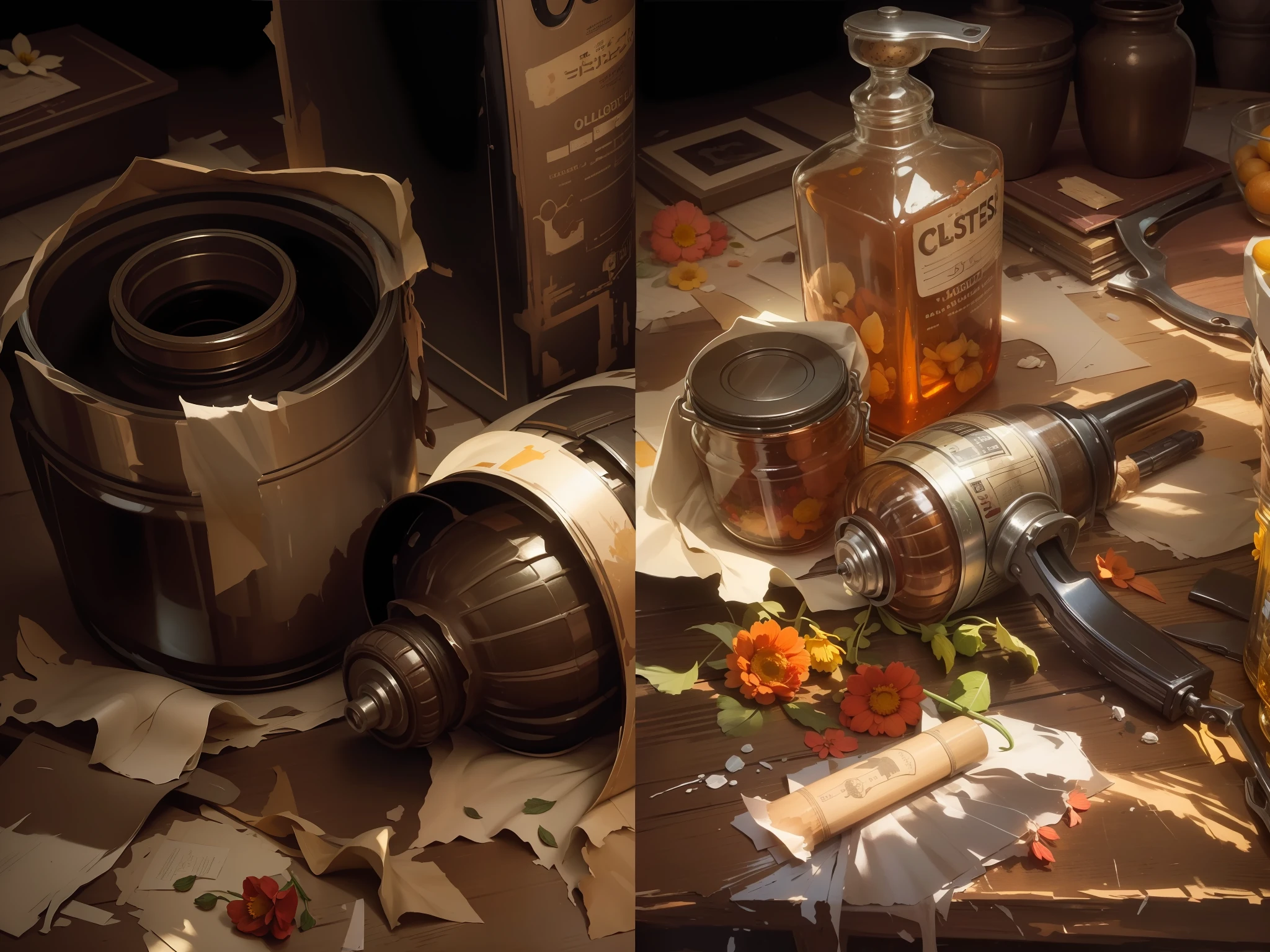 A bunch of still lifes,There are flowers,jars,plaster,the fruits,gouache painting