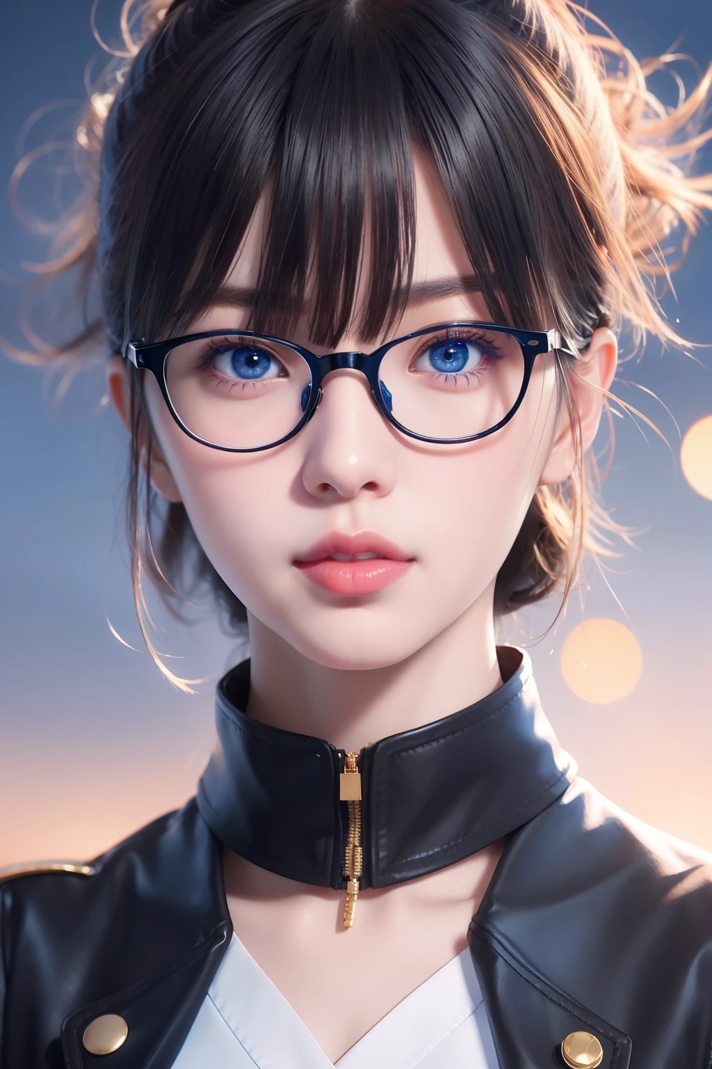 asian girl with blue eyes and black glasses looking at the camera, high detailed , portrait, stunning face portrait, realistic moe artstyle, extremely detailed, beautiful realistic portrait, 4 k, detailed skin, high res, ultra detail, dramatical light, bit red lips, detail skin