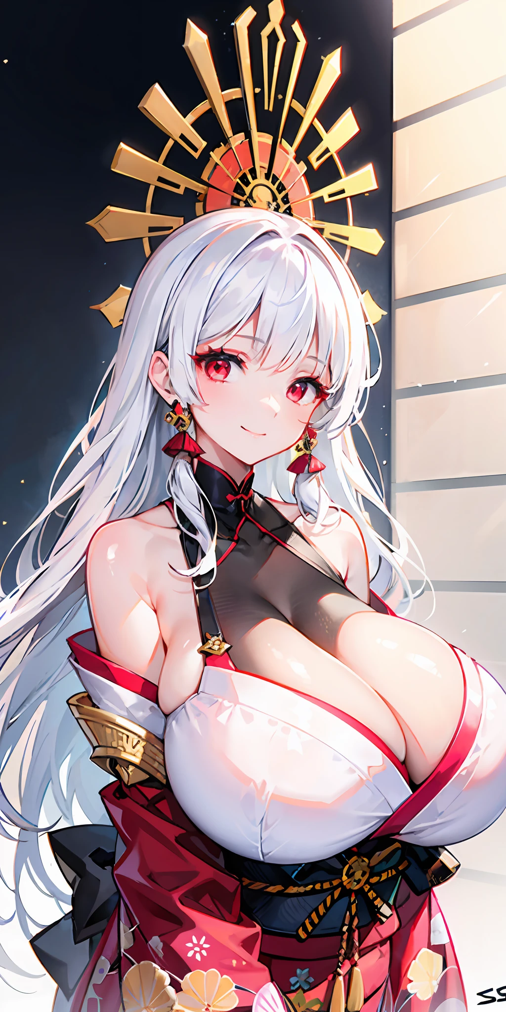 tmasterpiece, High- sharpness, Best quality at best, 1girls solo, kamisato_ayaka, ssmile, Kimono with white hair, Red eyes, Long hair, , exposed , Messy clothes, Huge tits, Huge breast zombies zombies zombies zombies zombies
